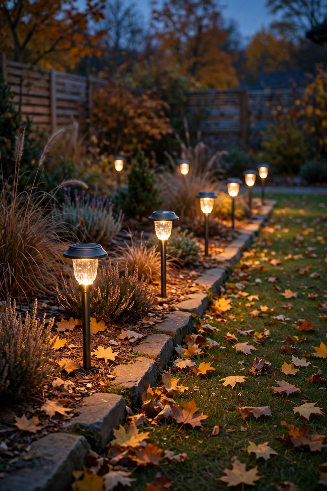 Warm solar stake lights spaced along a garden bed edge in a backyard at dusk with fall leaves on the lawn