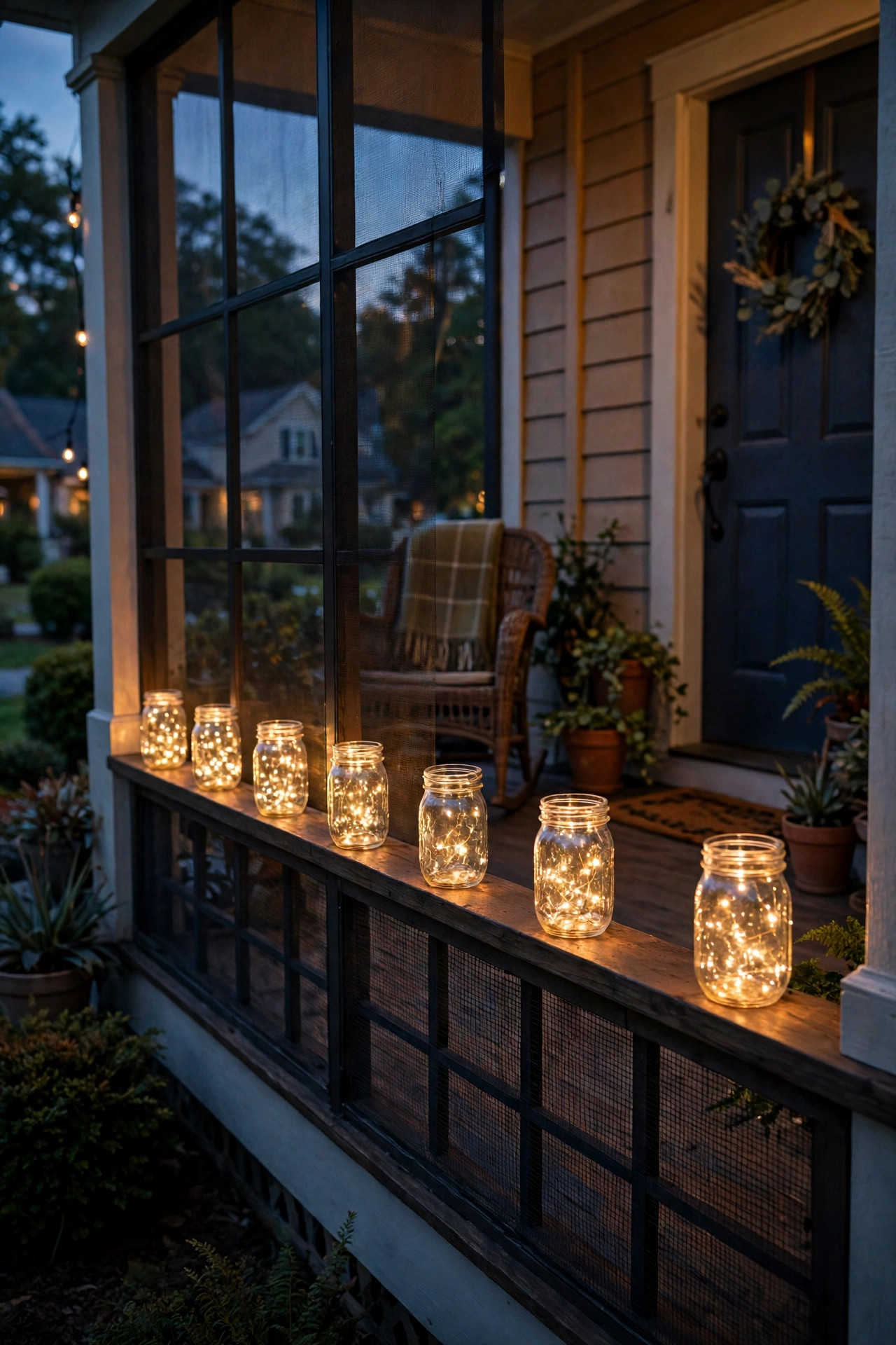 Solar mason jar lights glowing softly along a curved garden path at dusk