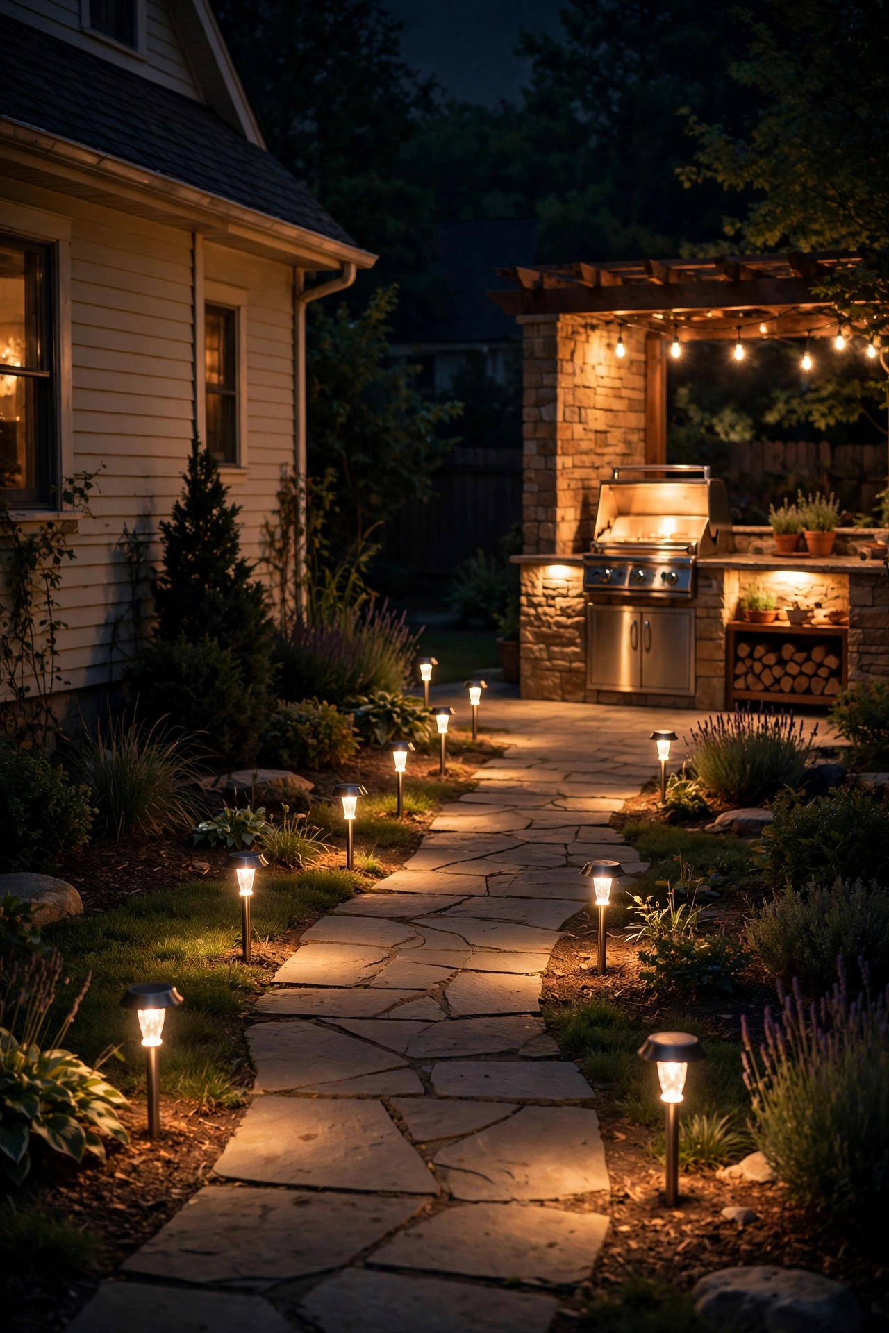 Solar path lights lining the walkway between house and outdoor kitchen at night