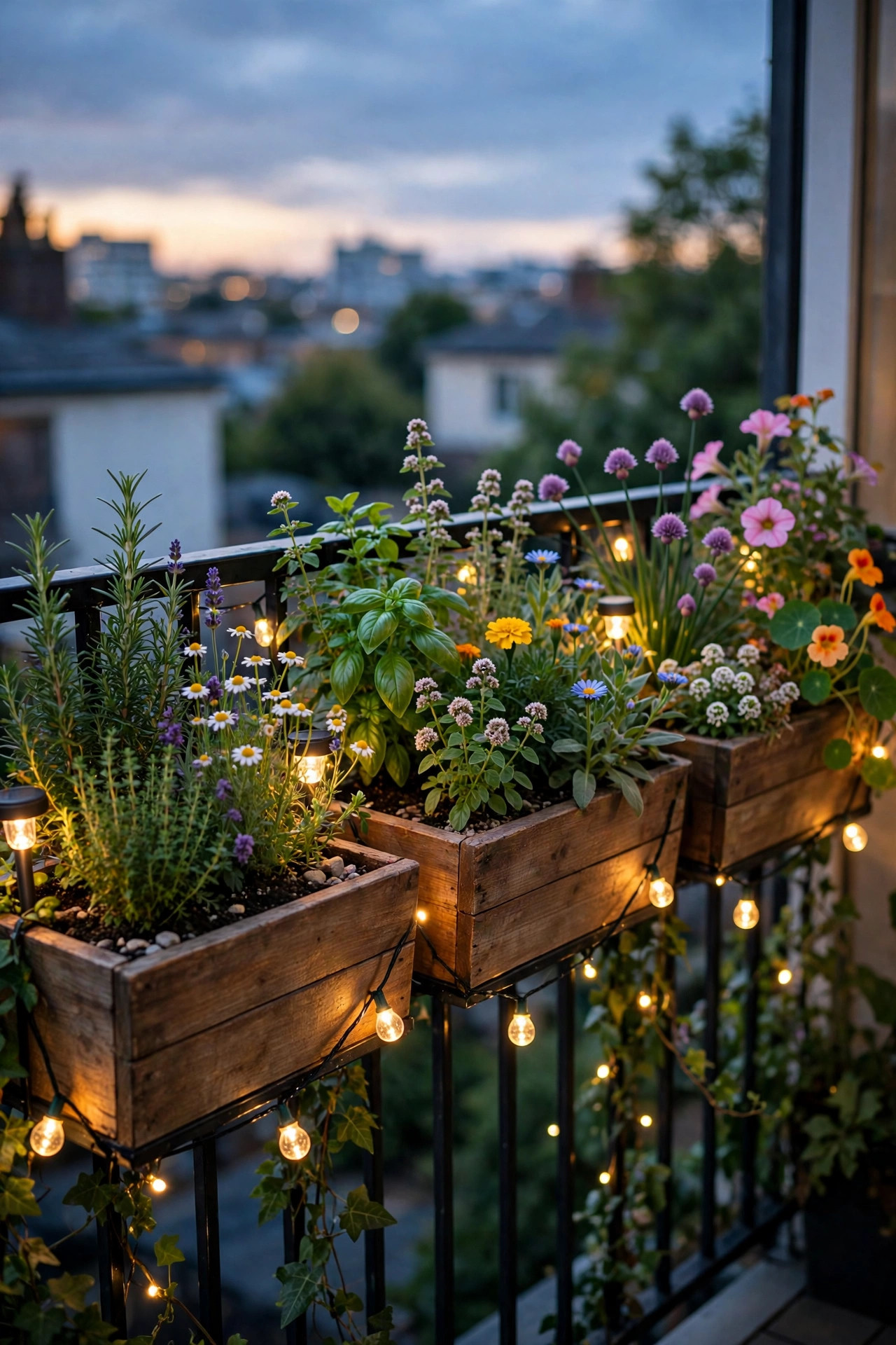 Railing planter boxes on a balcony filled with herbs and flowers dotted with small warm solar lights glowing at dusk