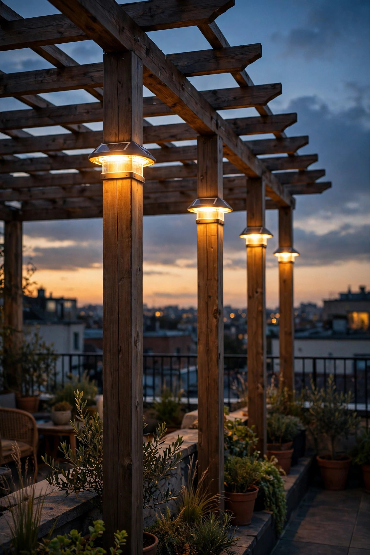 Solar post cap lights glowing warmly on the posts of a rooftop pergola at dusk