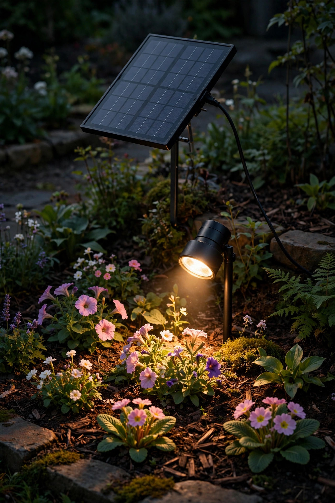 Solar spotlight with remote panel lighting up flowers in a shaded garden bed