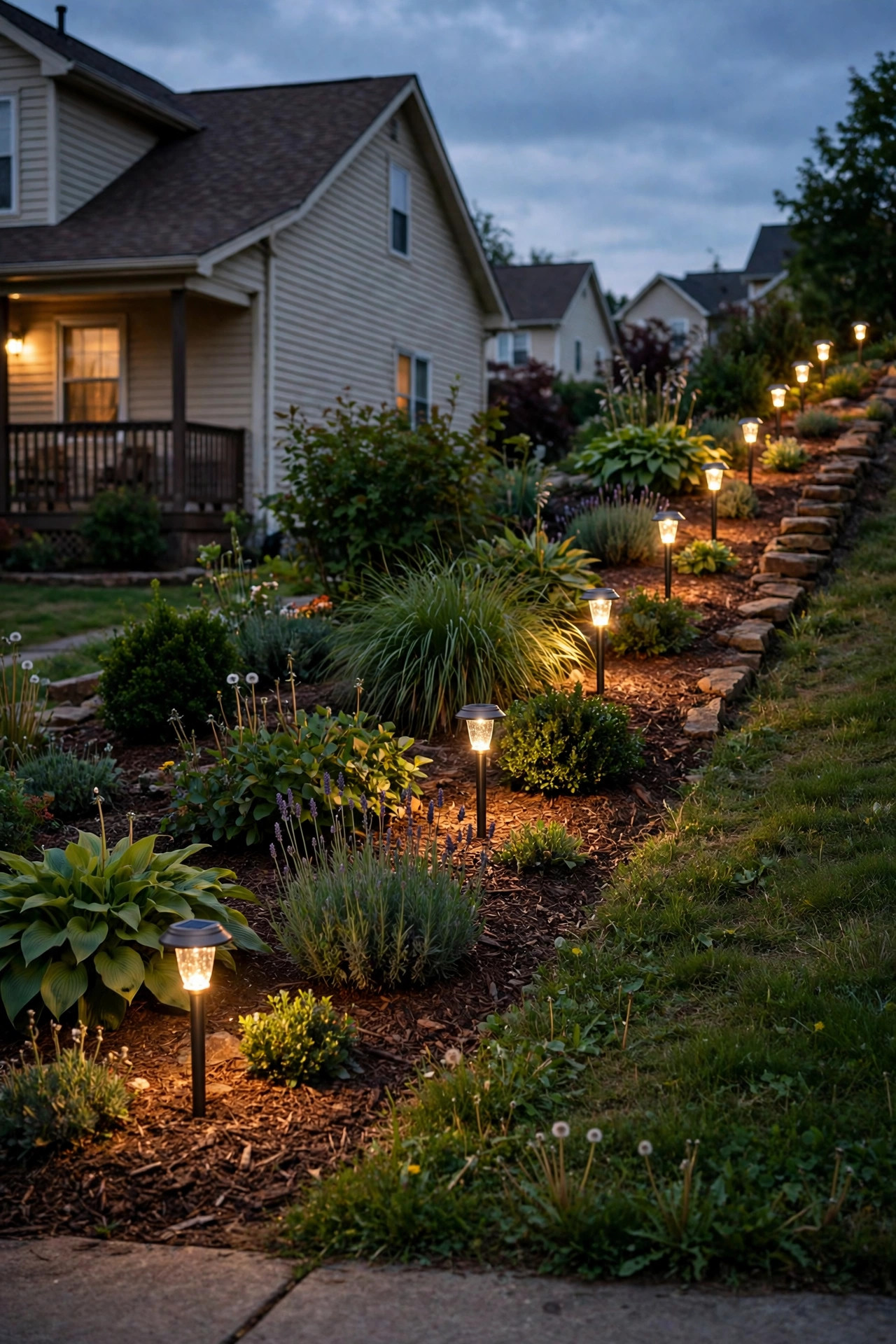 Solar stake lights lining the sunny uphill edge of a sloped front yard garden bed