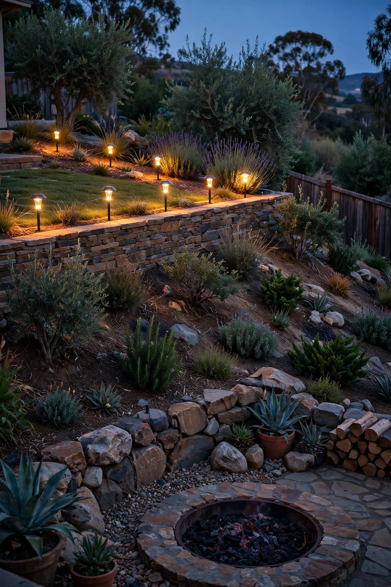 Solar stake lights marking the corners of an RV outdoor mat and steps at dusk