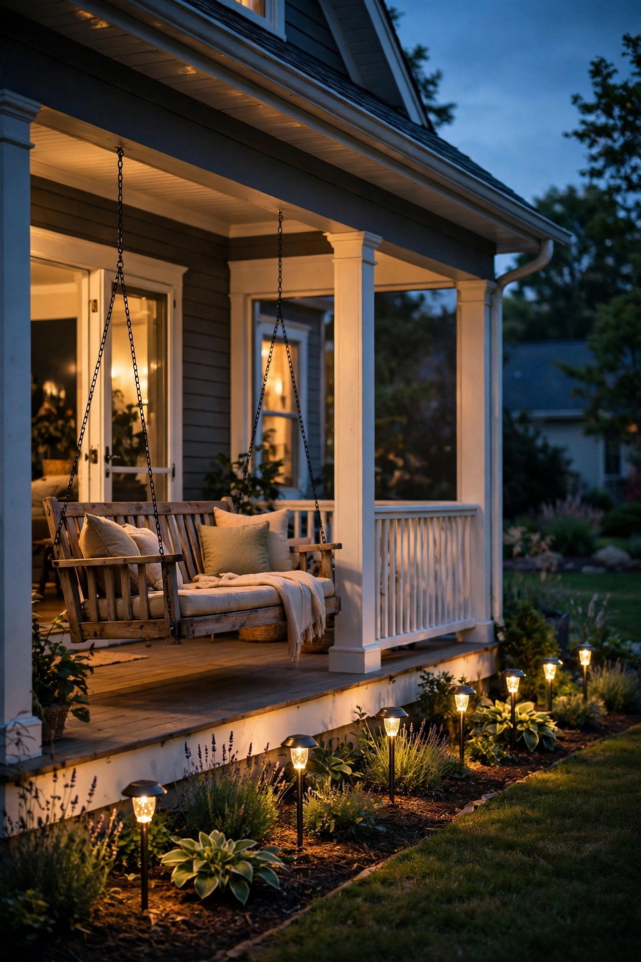 Warm solar stake lights lining the edge of a porch below a softly lit swing at dusk