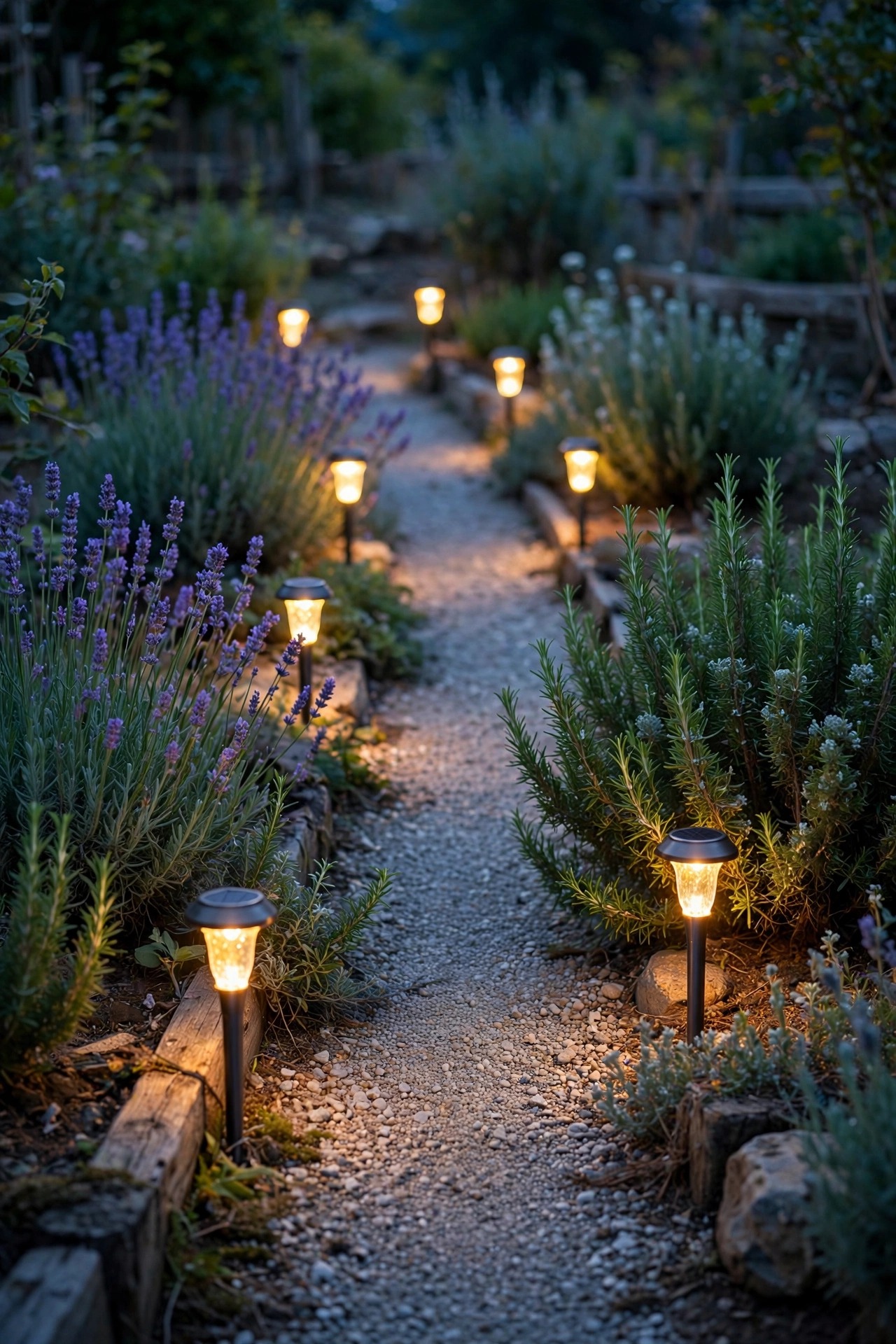 Solar stake lights glowing along lavender and rosemary beds beside a gravel path at dusk