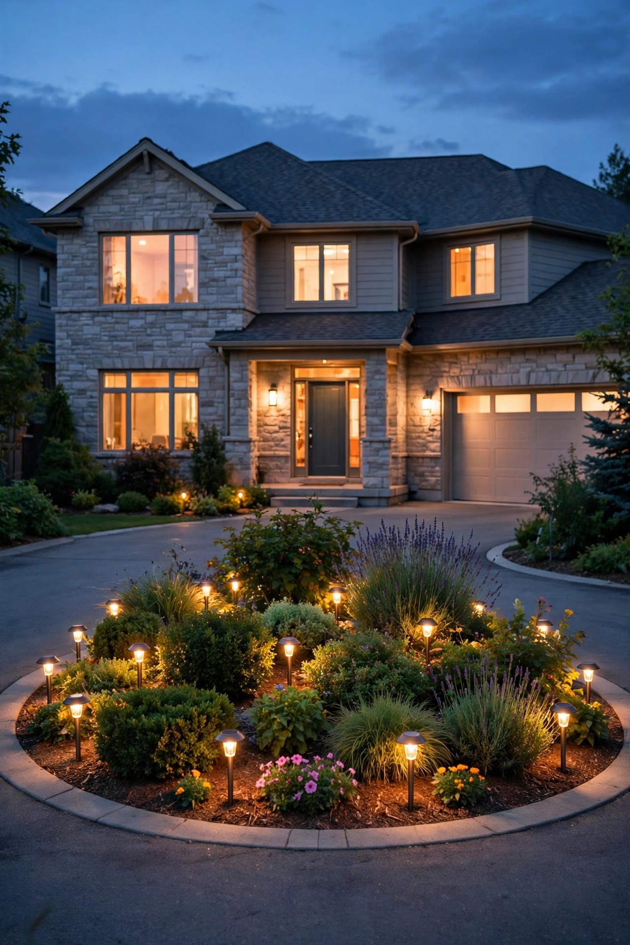 Warm solar stake lights dotted through shrubs and flowers in a circular driveway island bed at dusk