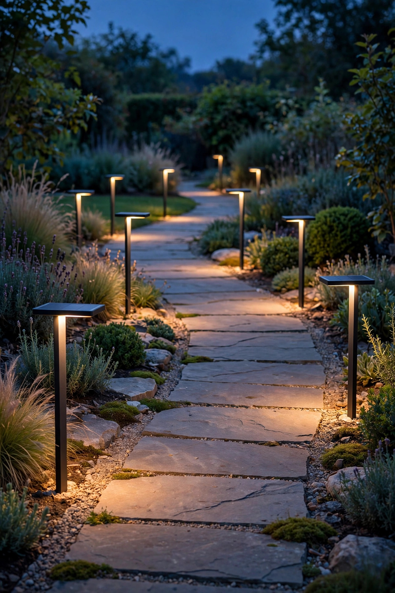 Slim modern solar path light stakes with flat panels lining a garden path at dusk