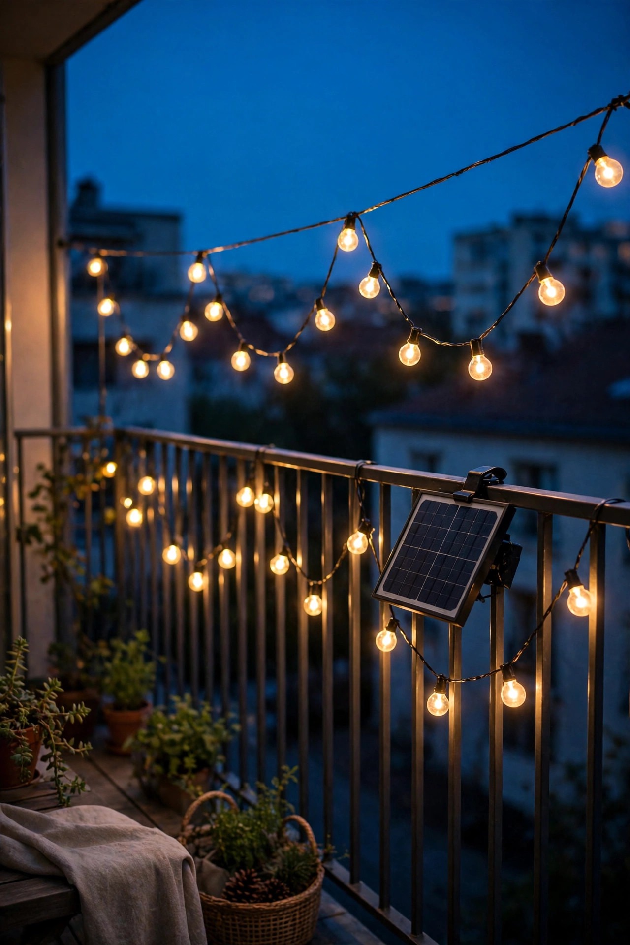 Solar cafe string lights draped in swags over a rental balcony railing at dusk with the small solar panel clipped nearby