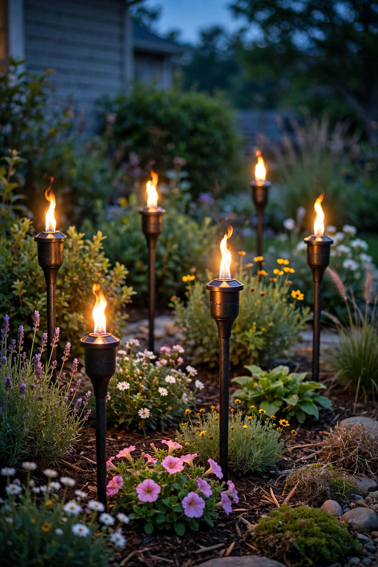 Solar flame torch stakes glowing among flowers and shrubs in a front garden bed at dusk
