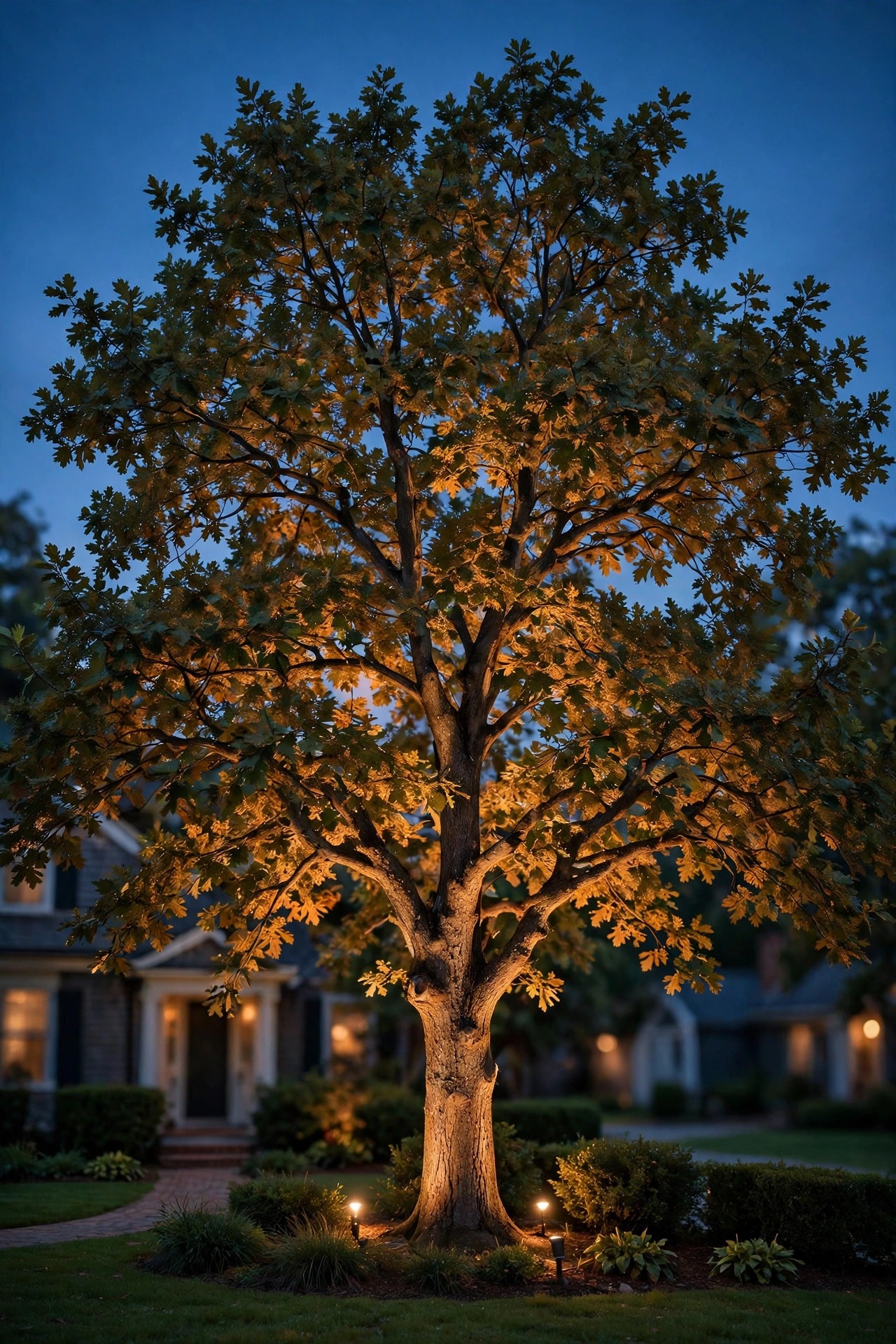 Single mature oak tree in a traditional front yard softly uplit from the base at dusk, warm glow in the canopy