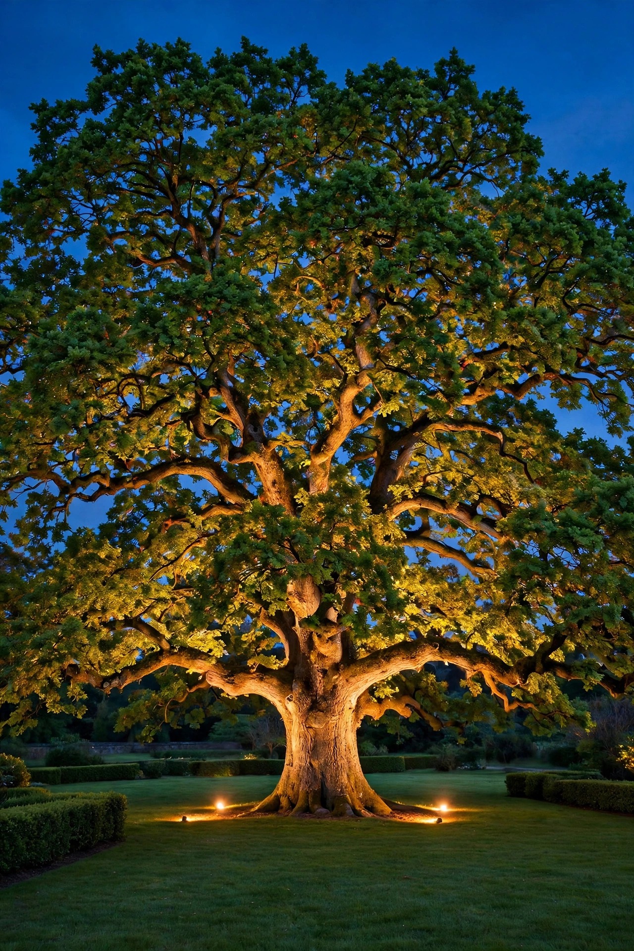 A majestic mature oak tree crowned with warm uplighting from three hidden fixtures, its full canopy glowing against a deep blue evening sky