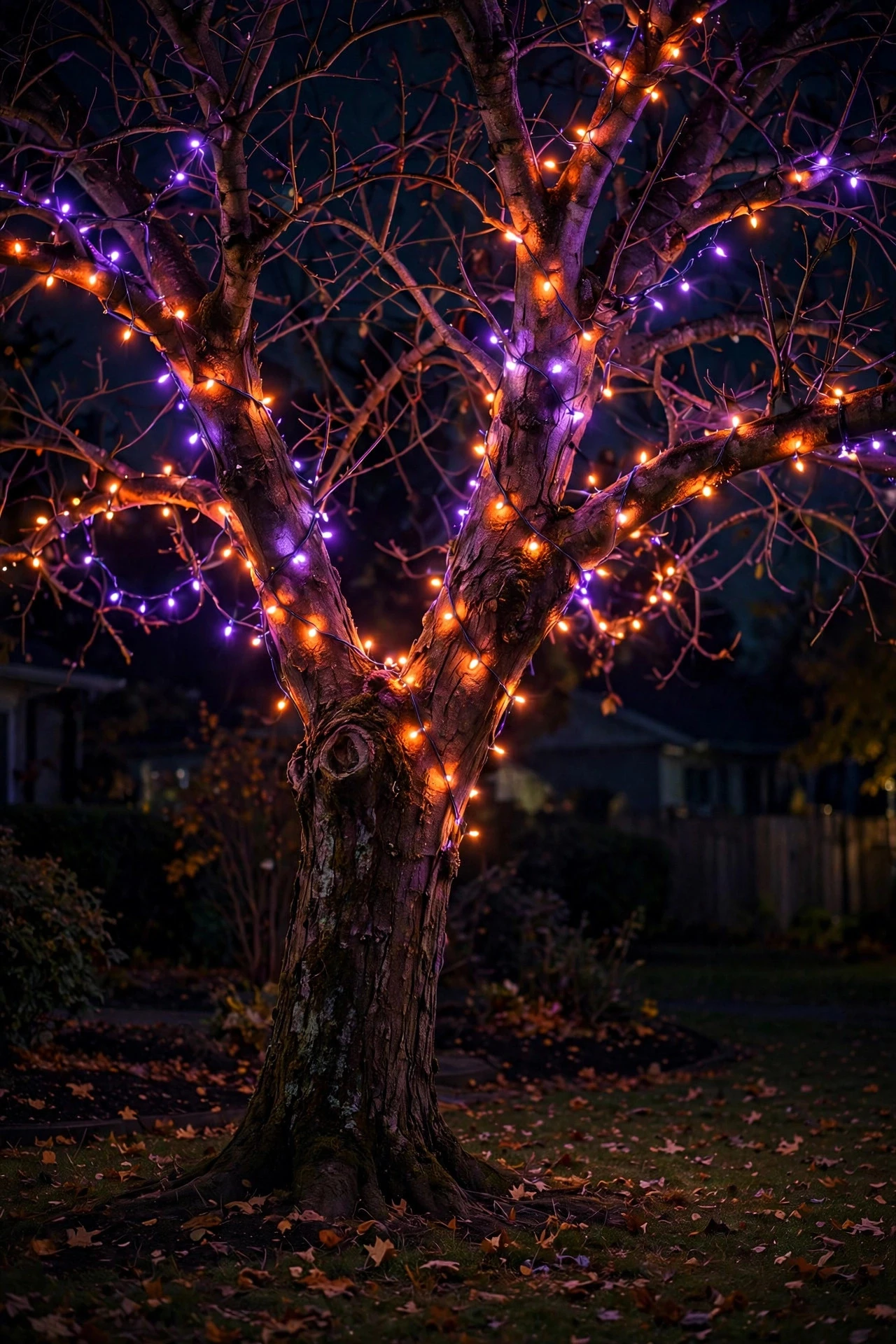 Large tree trunk and branches wrapped in orange and purple Halloween string lights at night