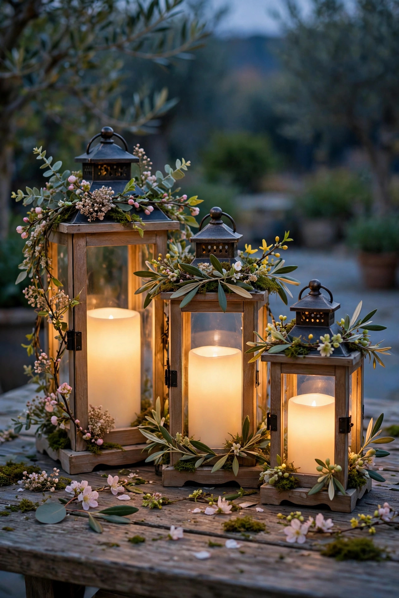 Cluster of three light spring lanterns with flameless candles glowing on a patio table