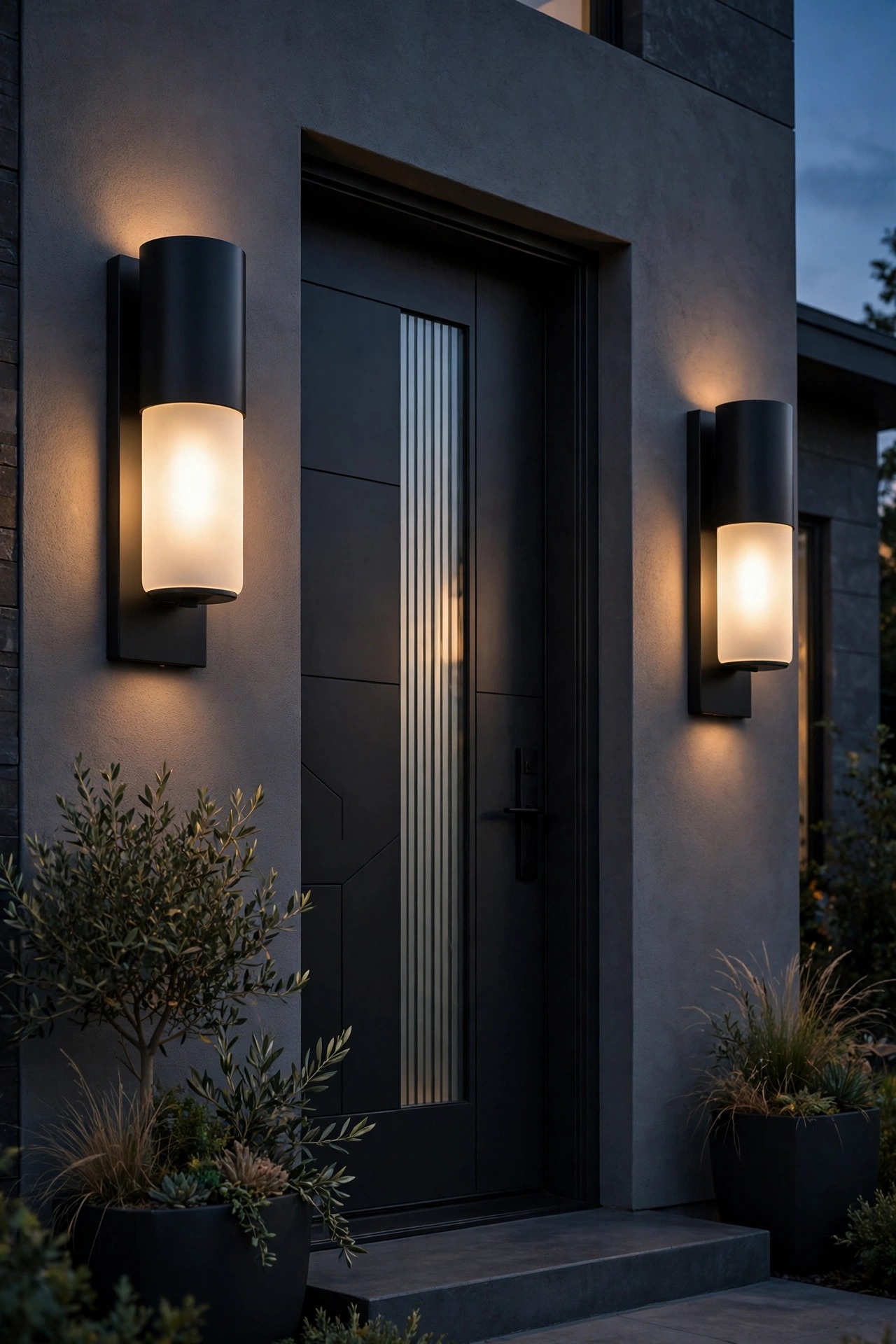 Pair of oversized matte black minimalist sconces with frosted glass flanking a modern front door at dusk