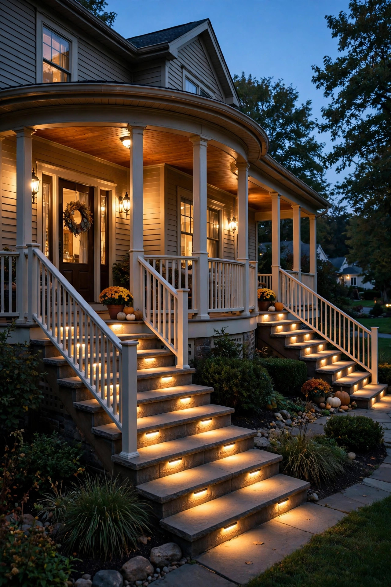 Low LED step lights washing the treads of wraparound porch stairs with warm light