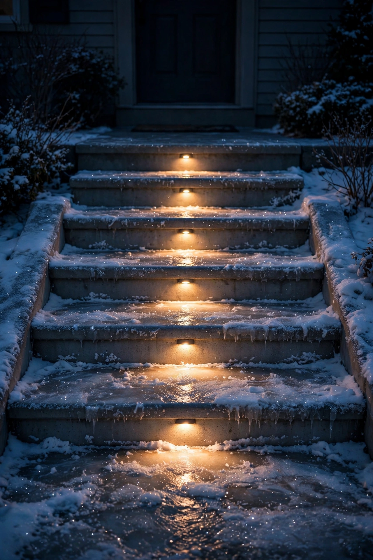 Outdoor stairs with recessed step lights glowing warmly on icy treads at night