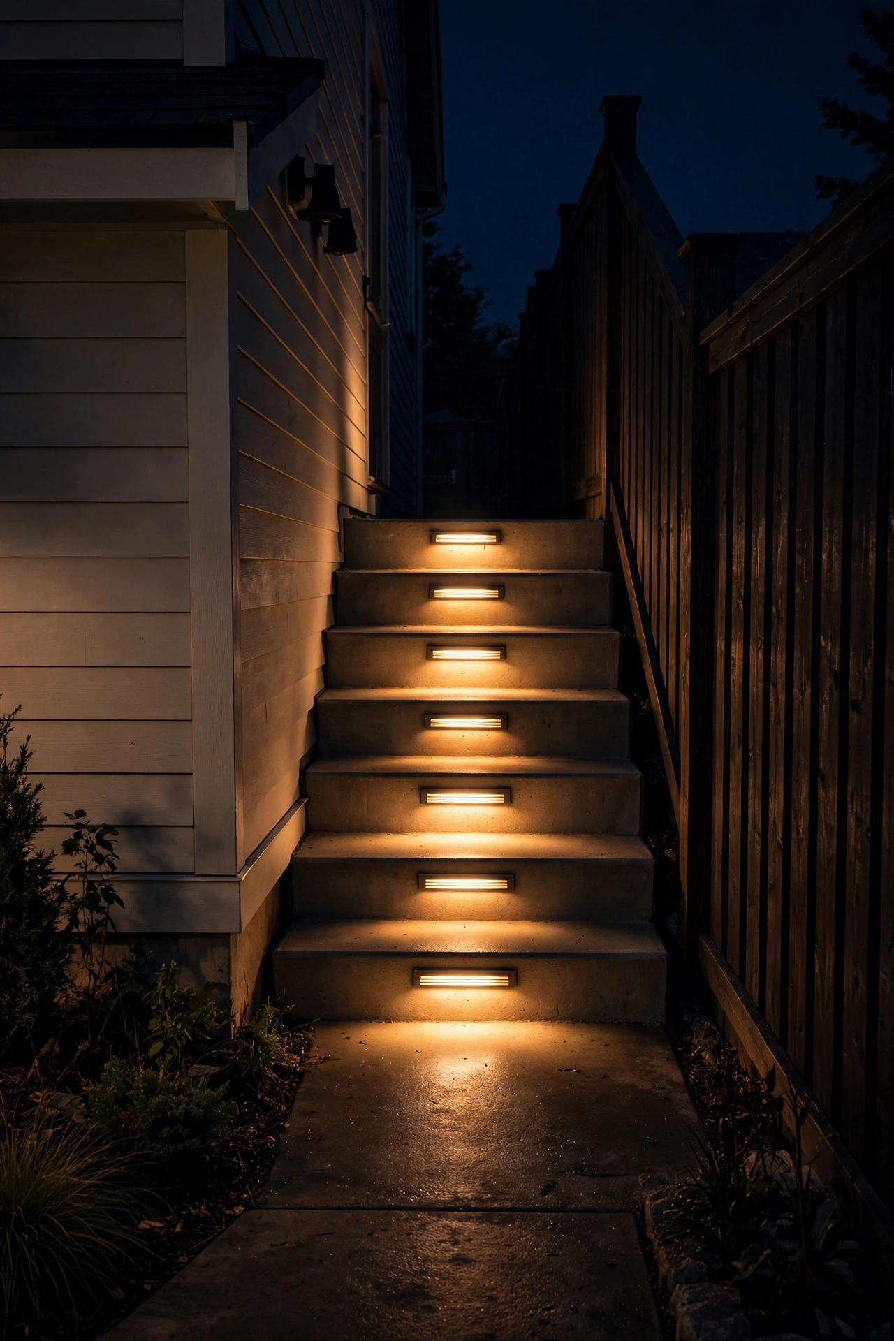 Recessed LED step lights glowing softly on concrete stairs in a side yard walkway