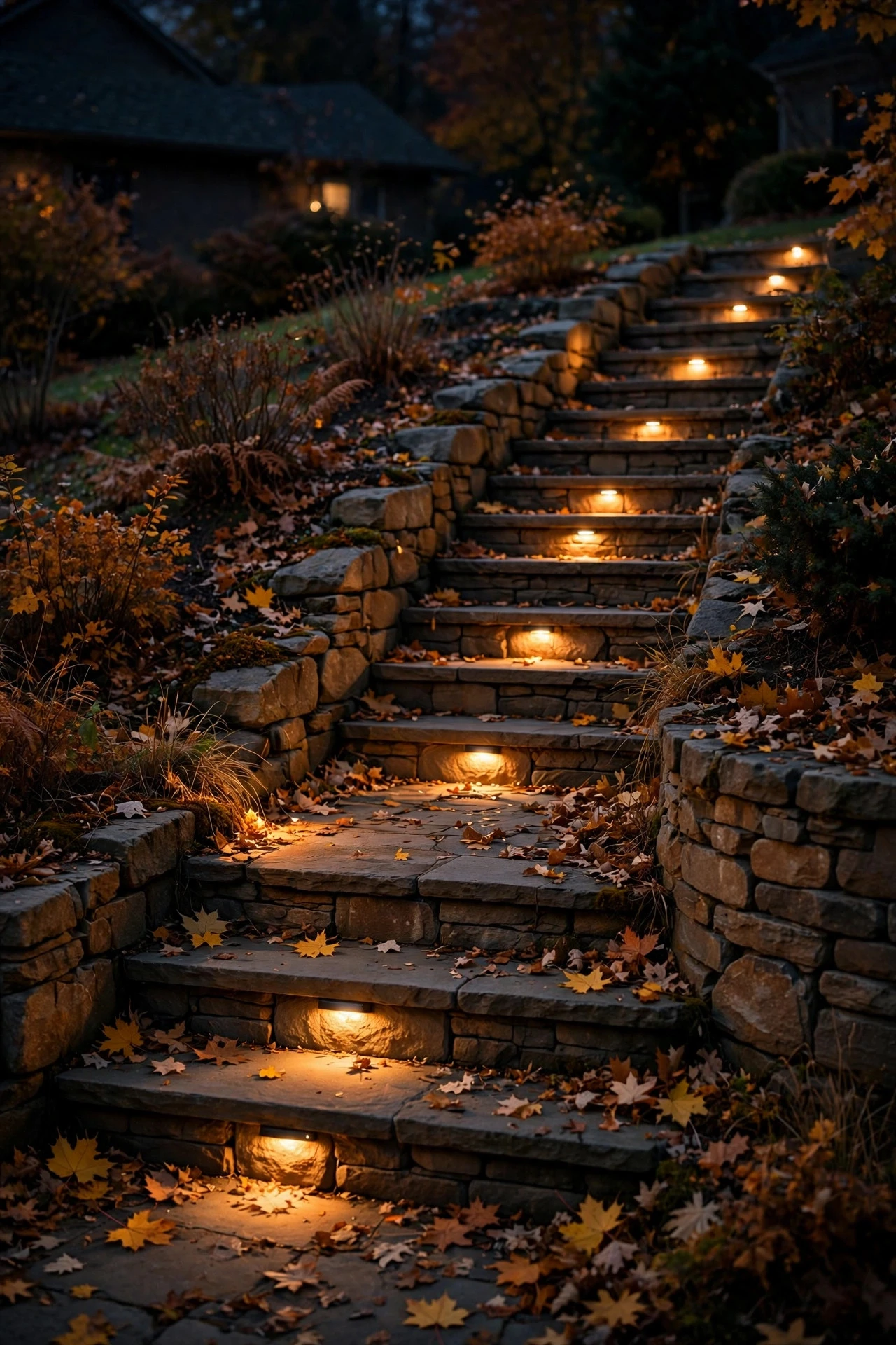Small warm step lights recessed into stone walkway stairs on an autumn night