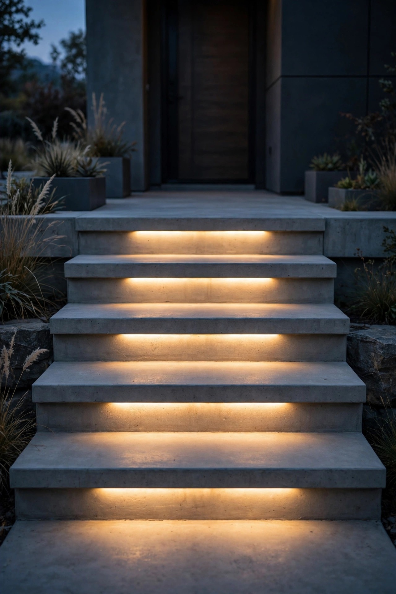 Recessed LED step lights glowing in the risers of modern concrete porch steps at dusk, washing each tread in warm light