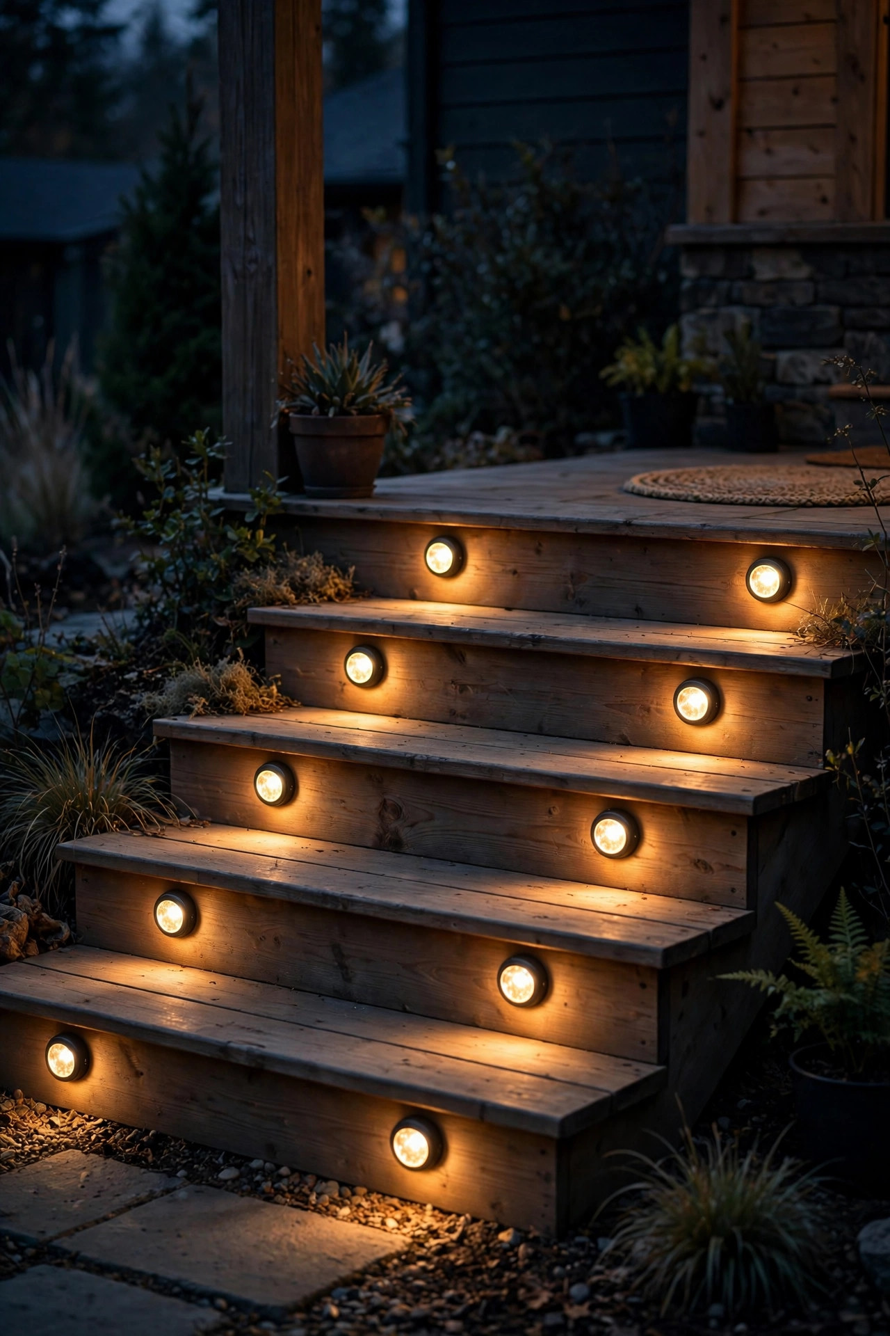 Small solar disk lights mounted on porch step risers glowing warmly after dark