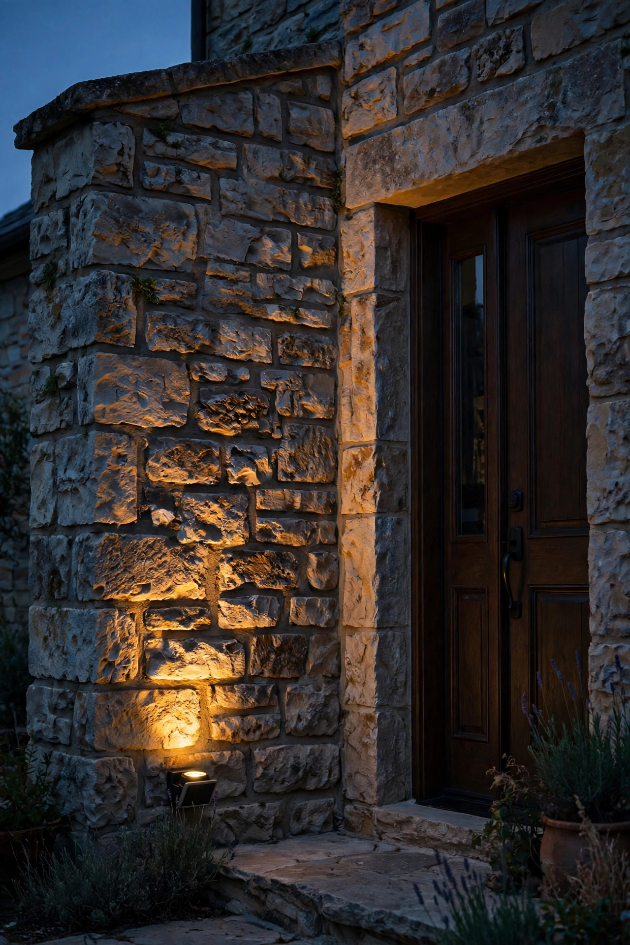 Solar spotlight grazing warm light up a stone facade, highlighting texture beside the front entry