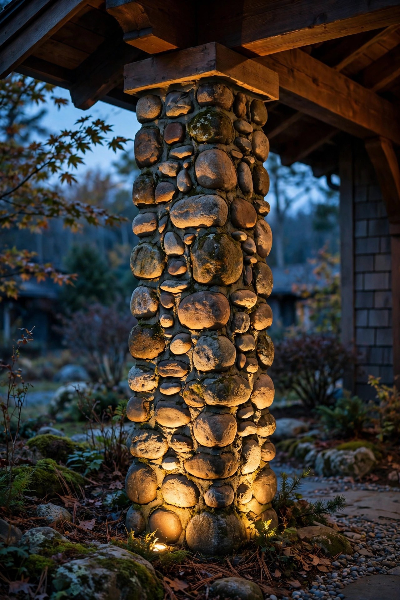 Warm light grazing up a river rock craftsman porch column at dusk, highlighting every stone and mortar line
