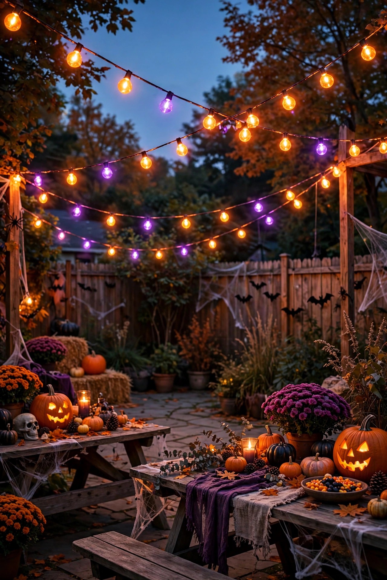 Orange and purple string lights zigzagged above a backyard Halloween party