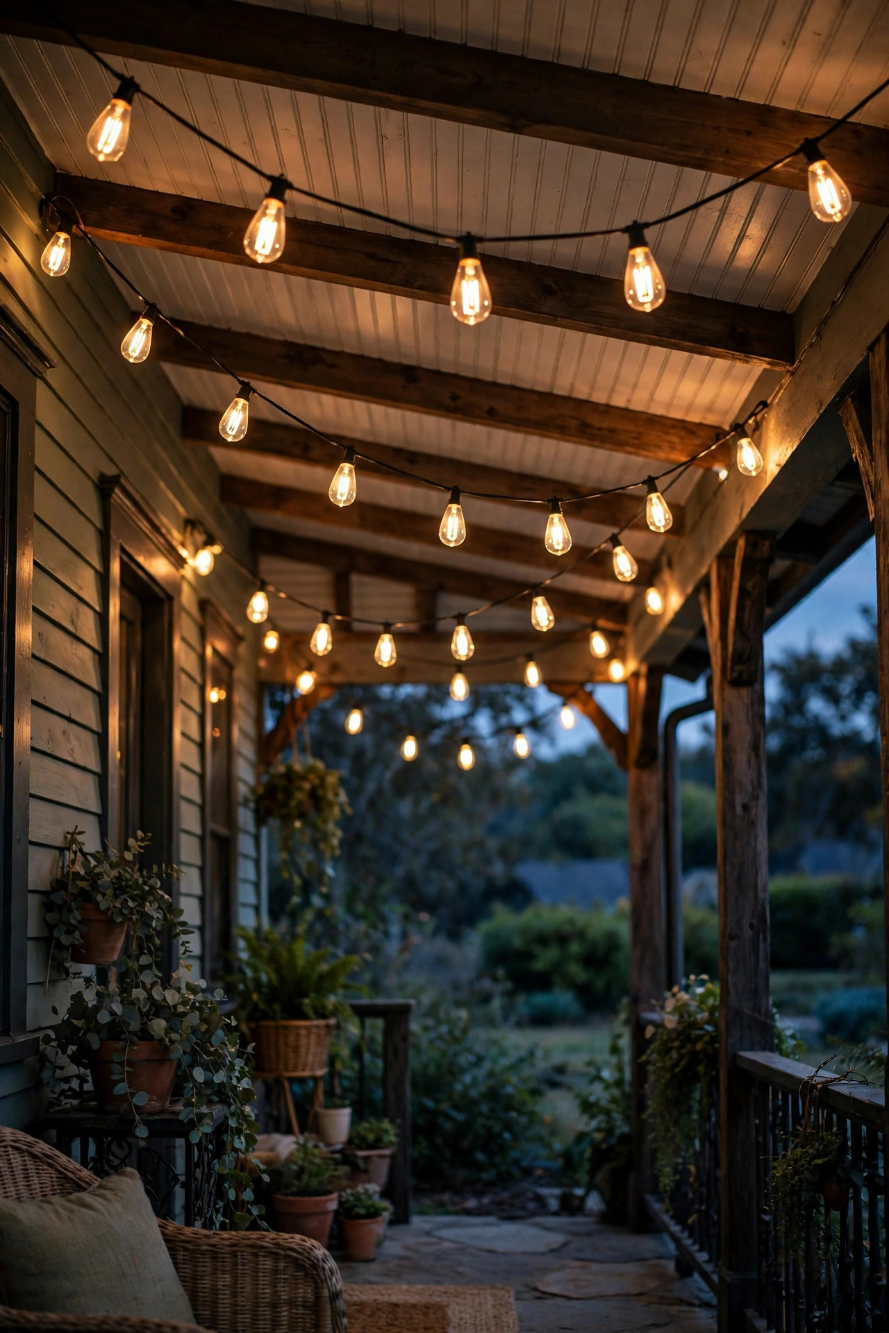 Teardrop vintage filament string lights swagged across a porch ceiling glowing warm at dusk