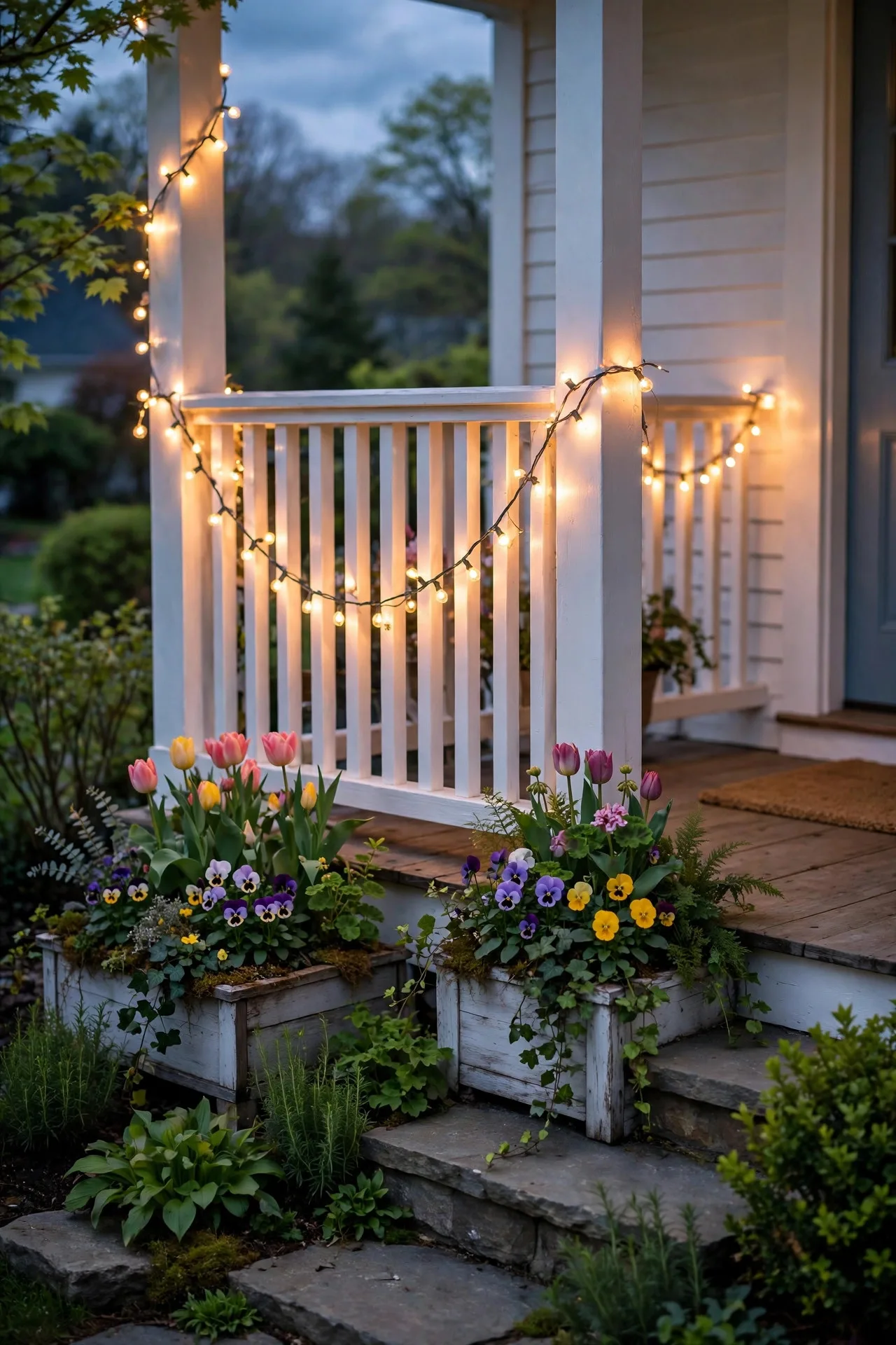 Warm string lights draped along a white porch railing at dusk with spring planters
