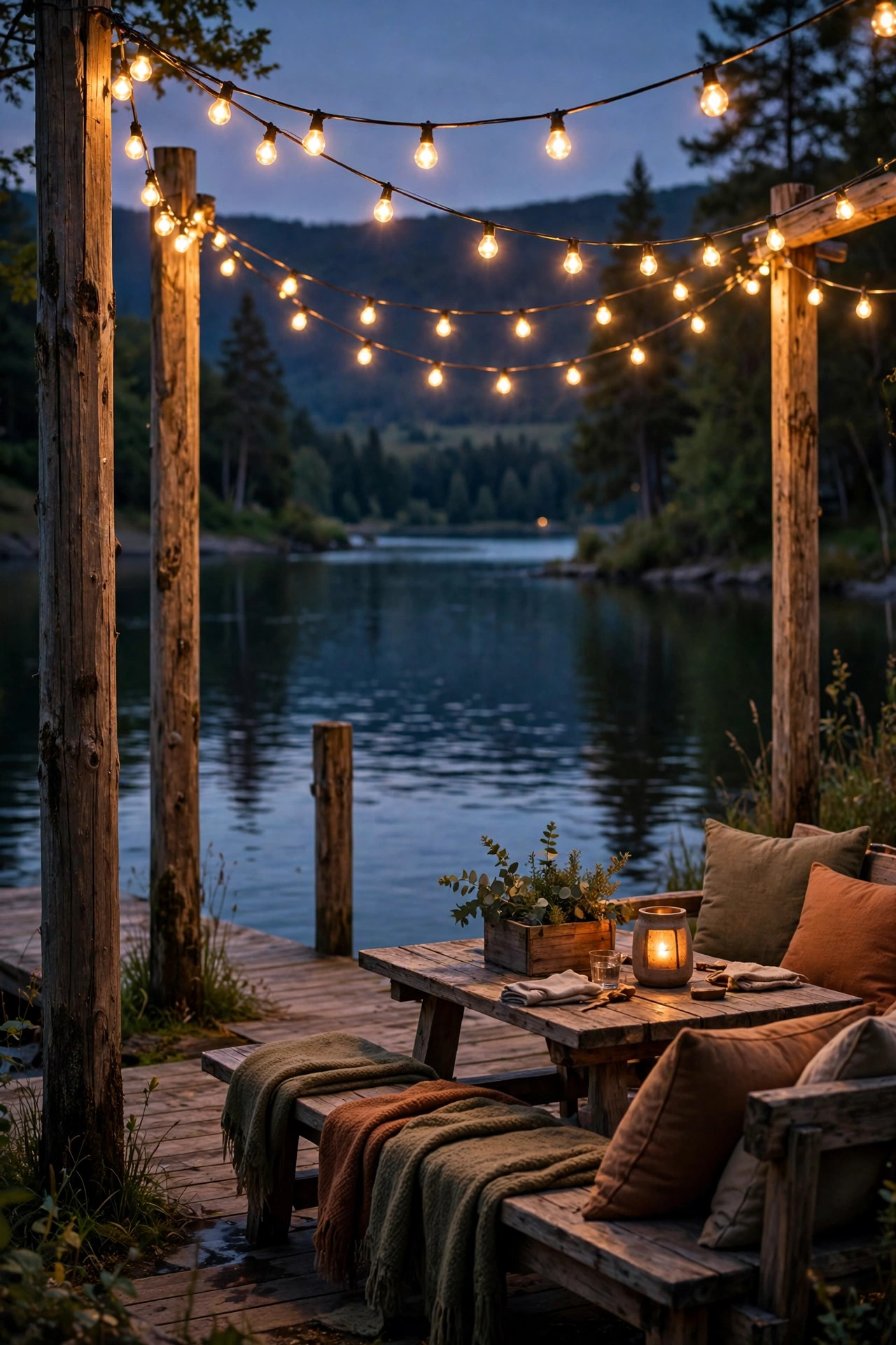 Warm string lights swagged between wooden dock posts over a seating area at dusk with the lake behind