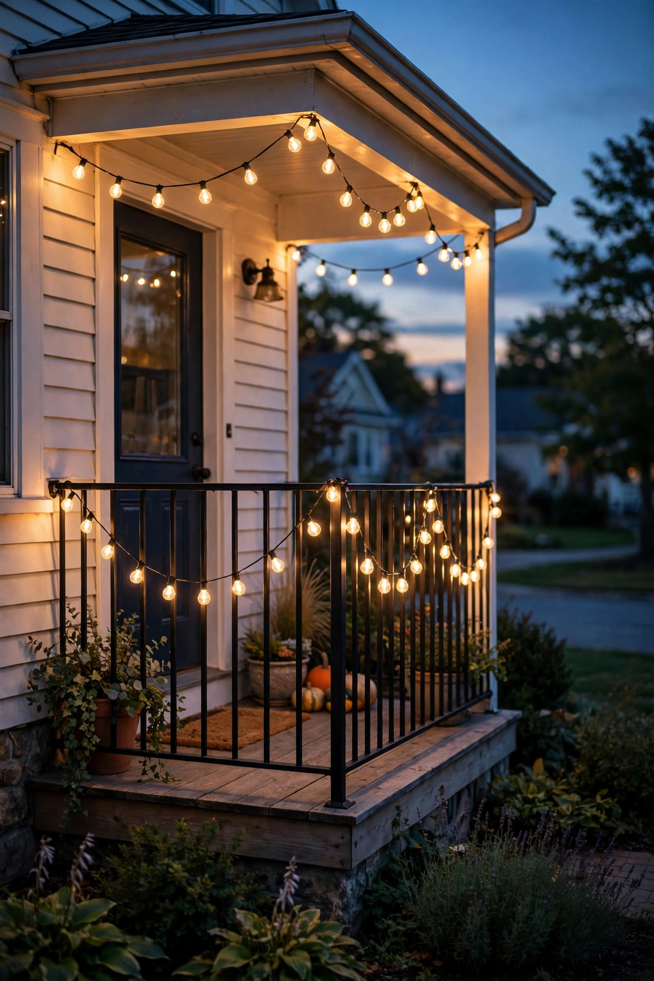 Warm LED string lights draped in soft swags along the railing of a small front porch at dusk