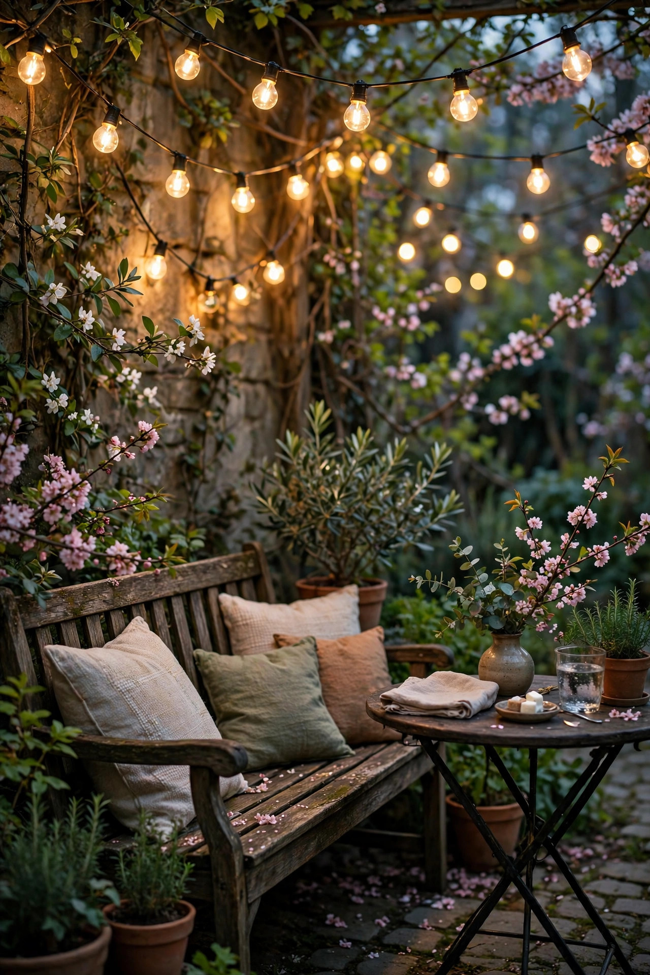 Warm café string lights swagged over a cozy garden bench and bistro table corner at dusk in spring
