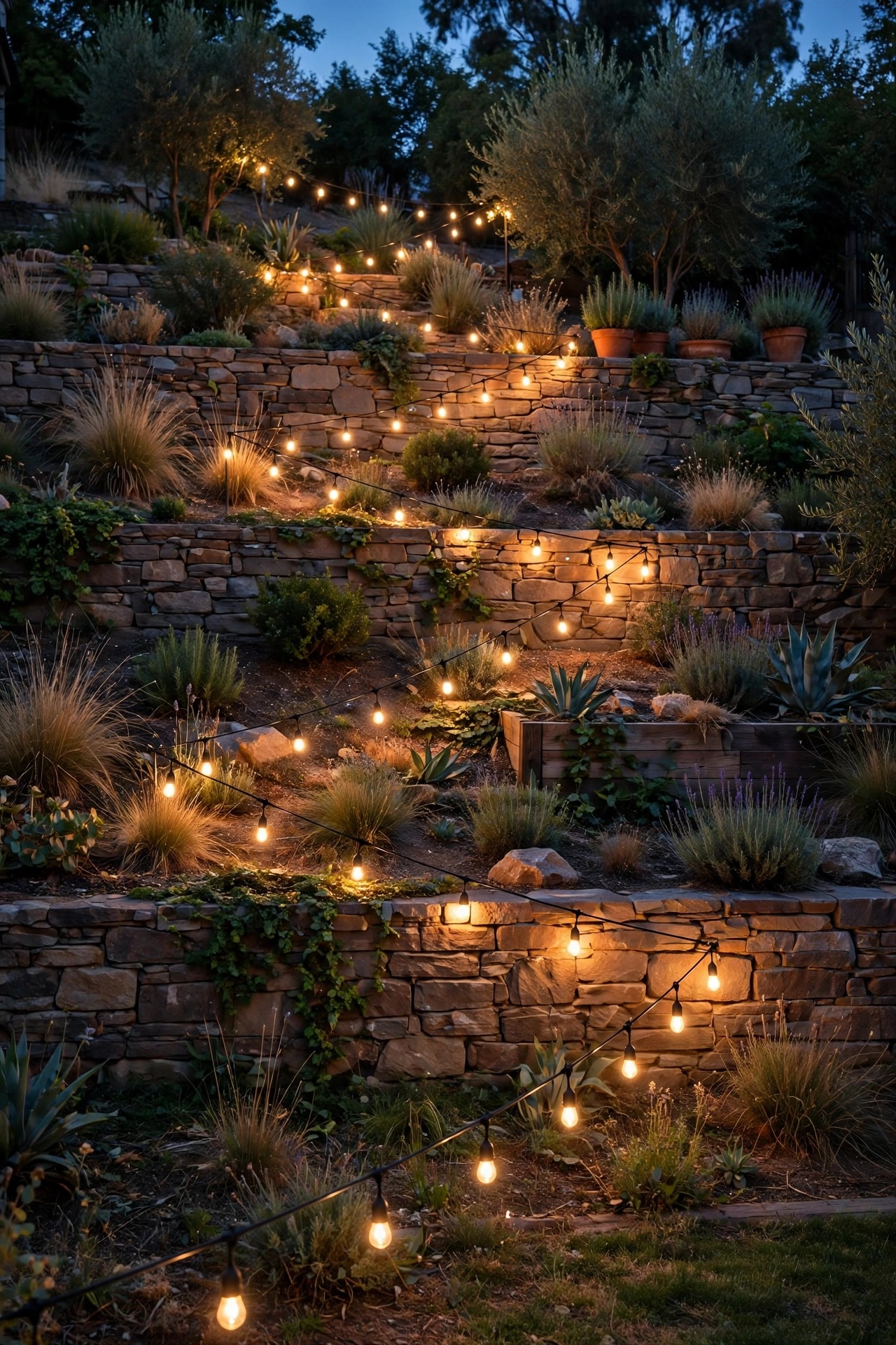 Warm string lights zigzagging down a sloped backyard between terraces at dusk