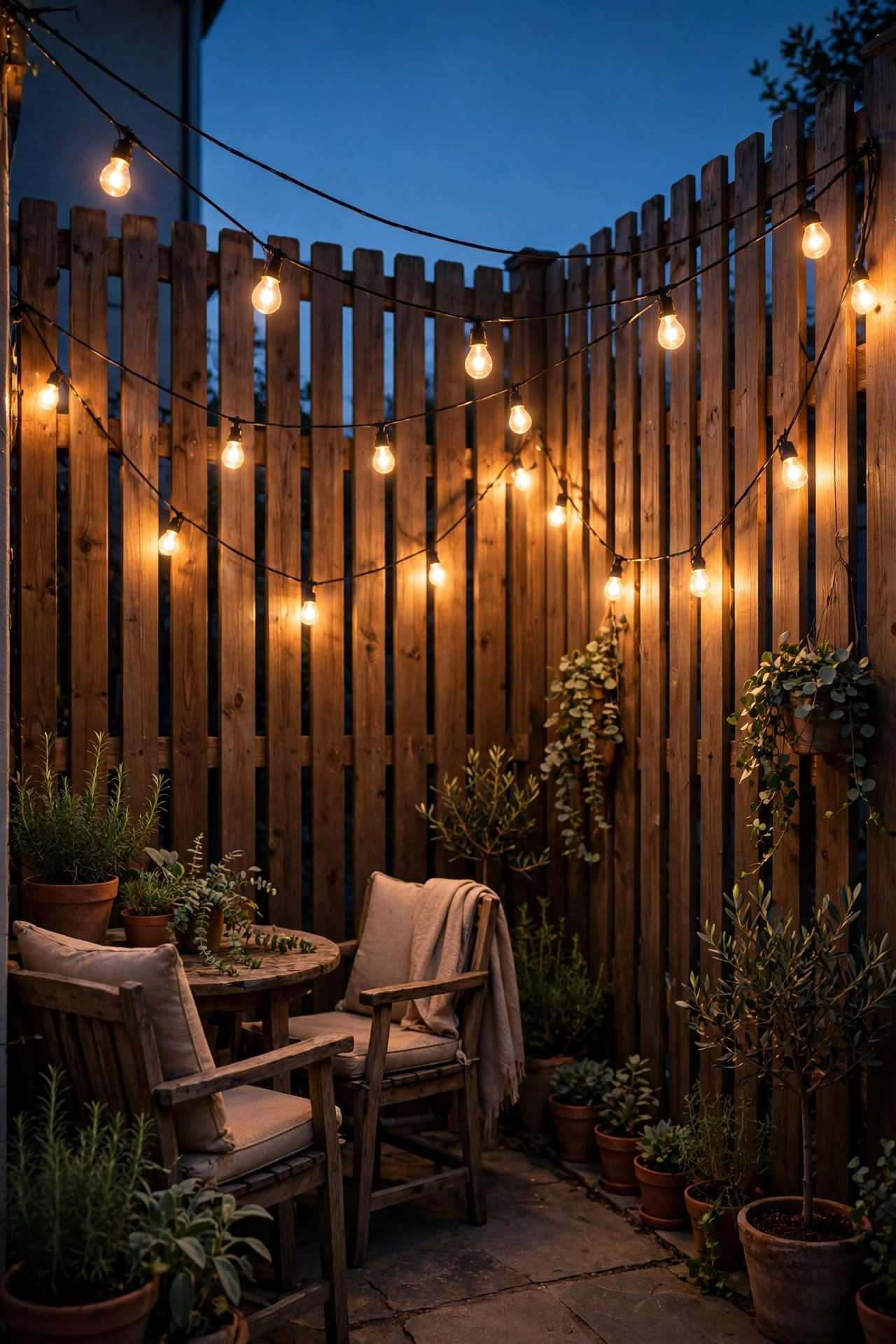 Warm string lights hung low in gentle swags over a small patio, tucked inside a privacy fence at dusk