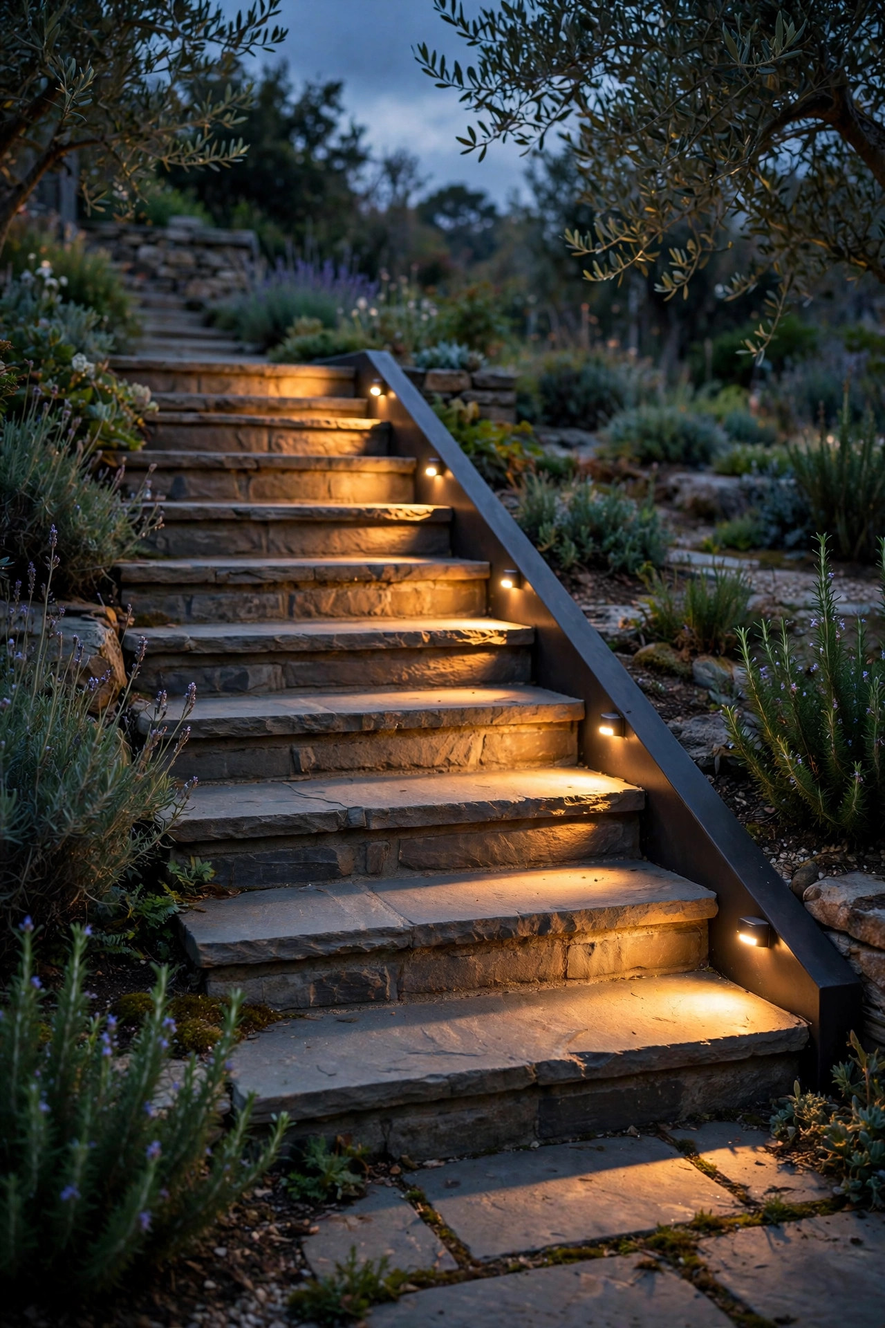 Stringer-mounted lights on a garden staircase grazing warm light sideways across each tread at dusk