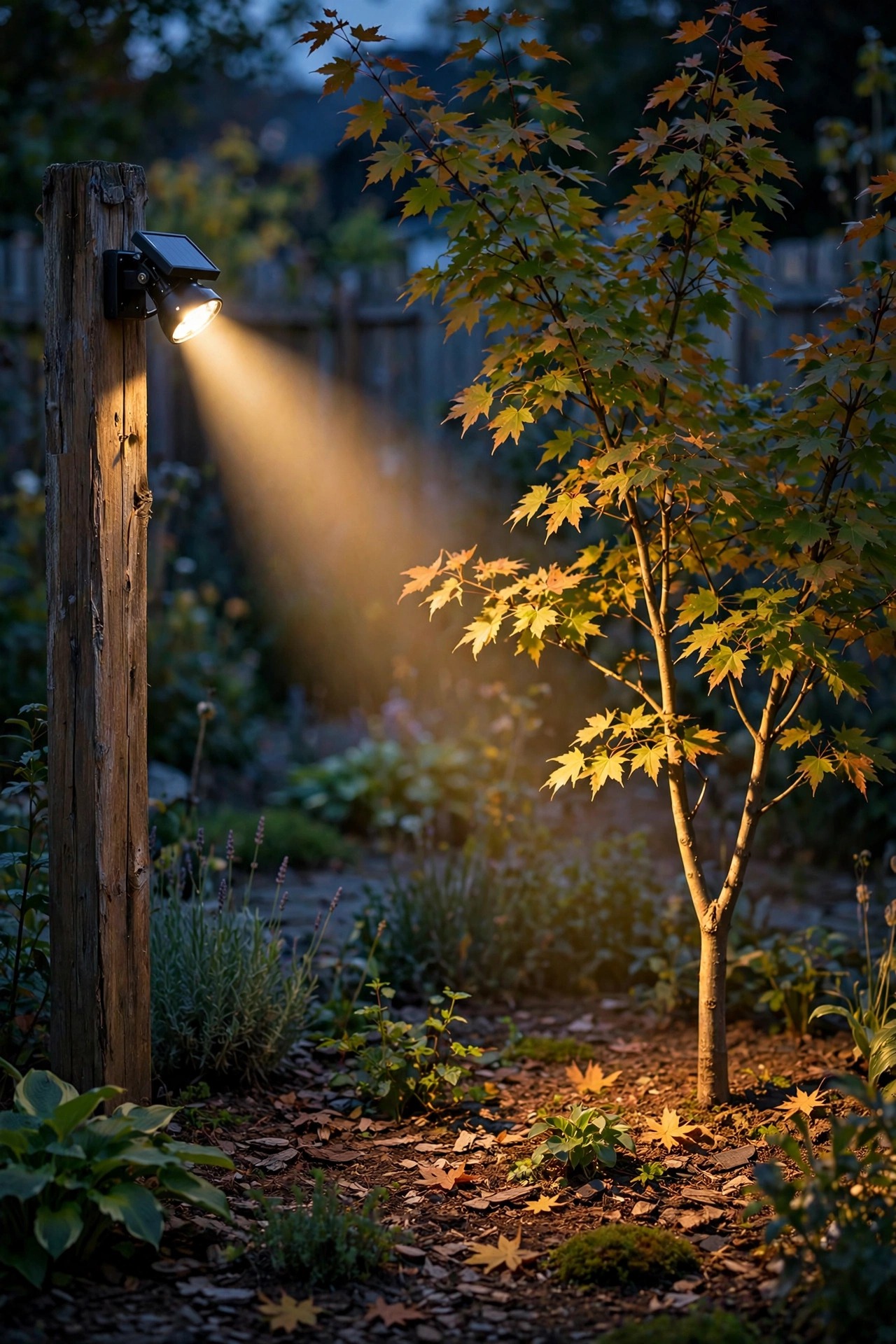 Photorealistic evening scene of a solar spotlight mounted on a wooden fence post, its warm beam aimed across a garden bed onto the trunk and branches of a small maple tree
