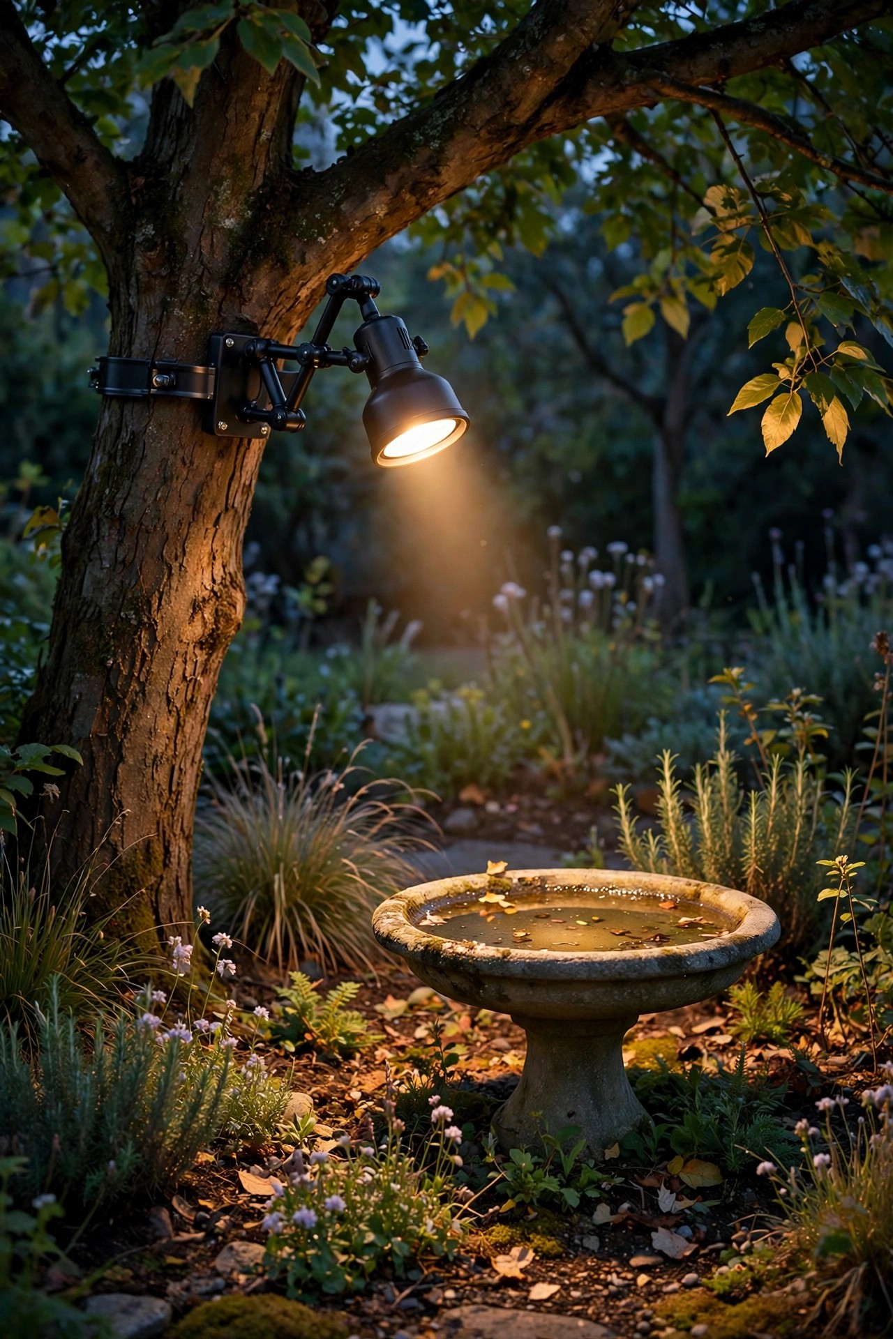 Adjustable swivel arm downlight mounted in a tree angled to spotlight a birdbath in a garden bed at dusk