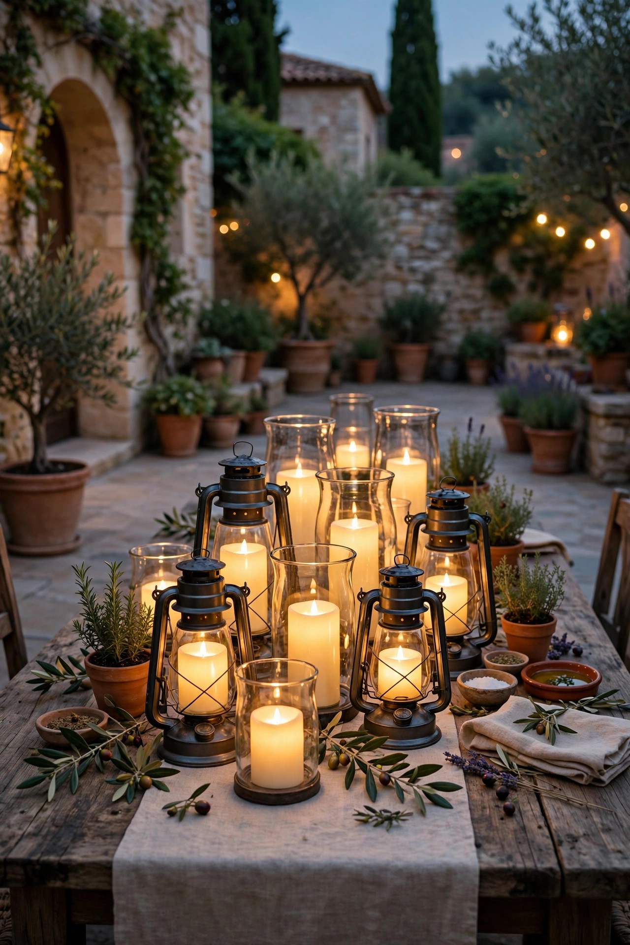 Hurricane lanterns with flameless candles clustered down an outdoor dining table in a Mediterranean courtyard at dusk