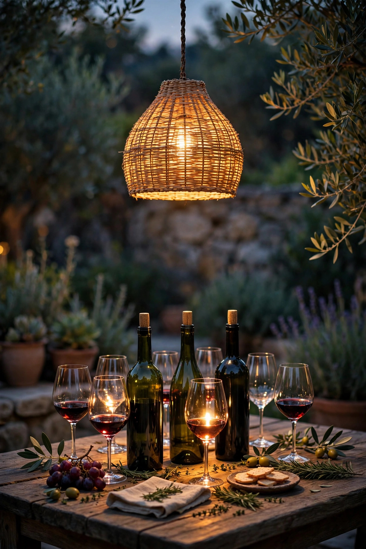 Single woven pendant light hanging over an outdoor wine tasting table casting a warm pool of light on bottles and glasses