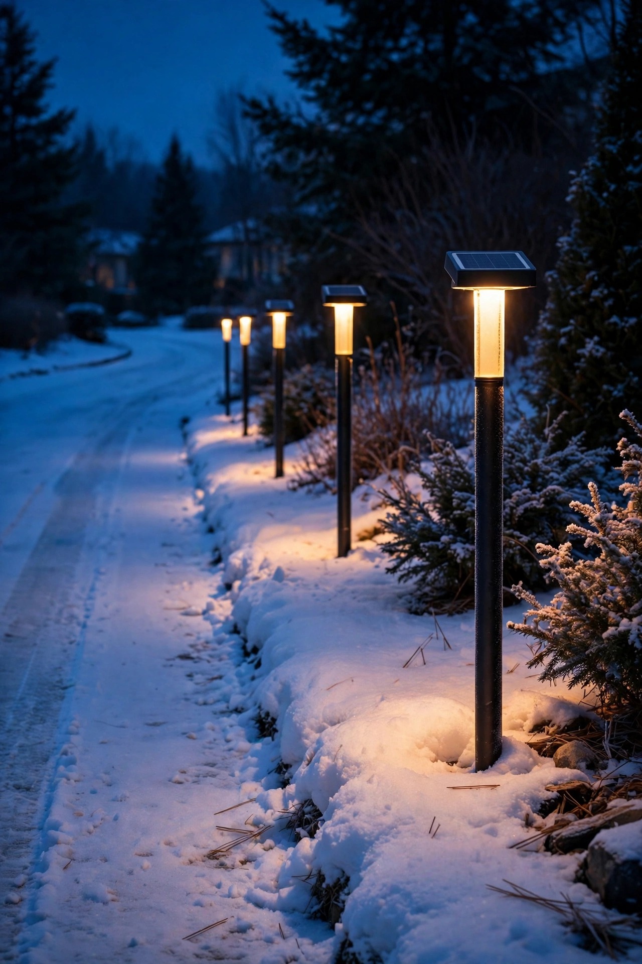 Tall solar bollard lights glowing above a snow-covered driveway edge on a winter evening