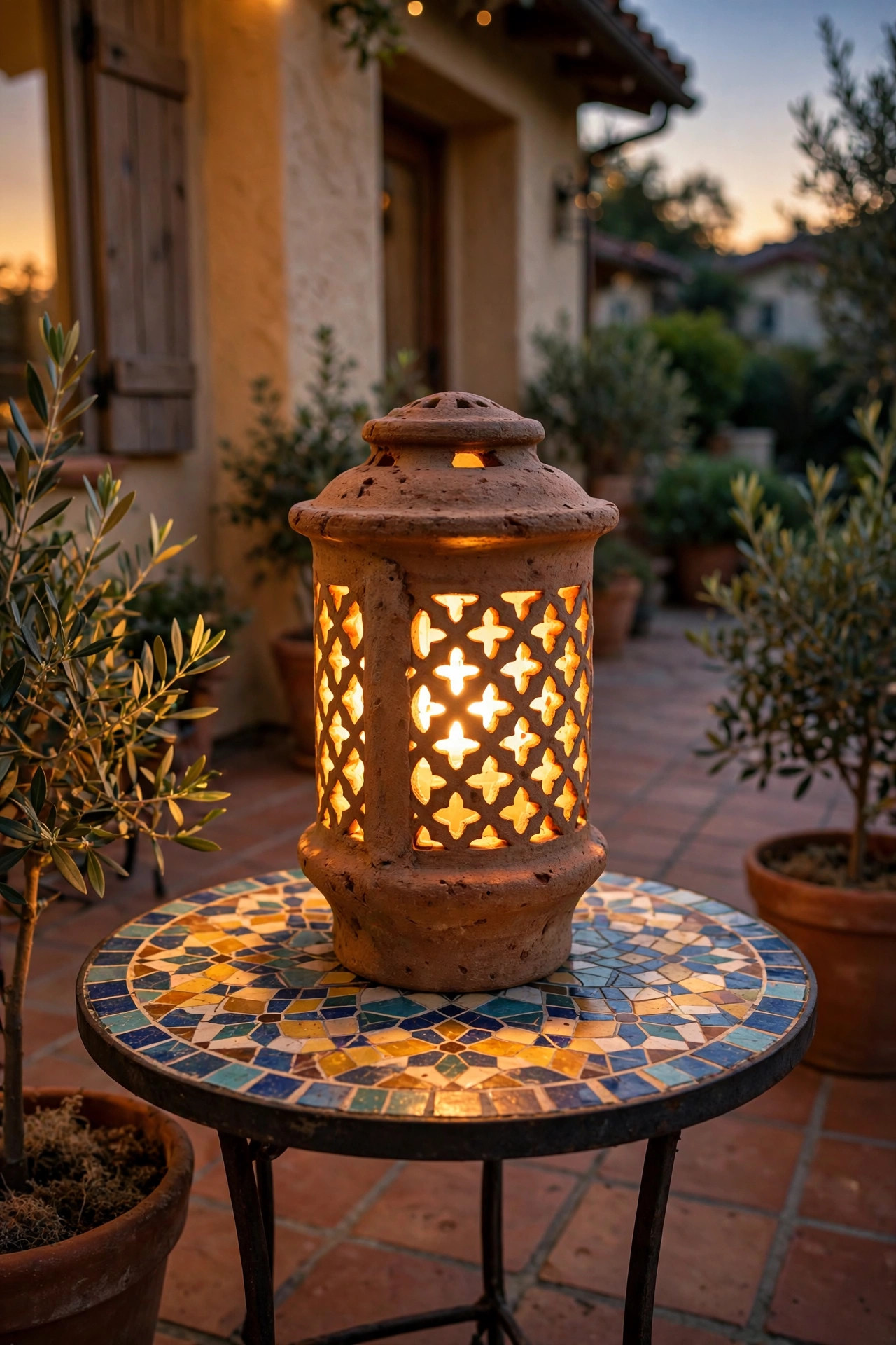 Terra-cotta outdoor table lamp glowing on a Mediterranean-style patio at dusk
