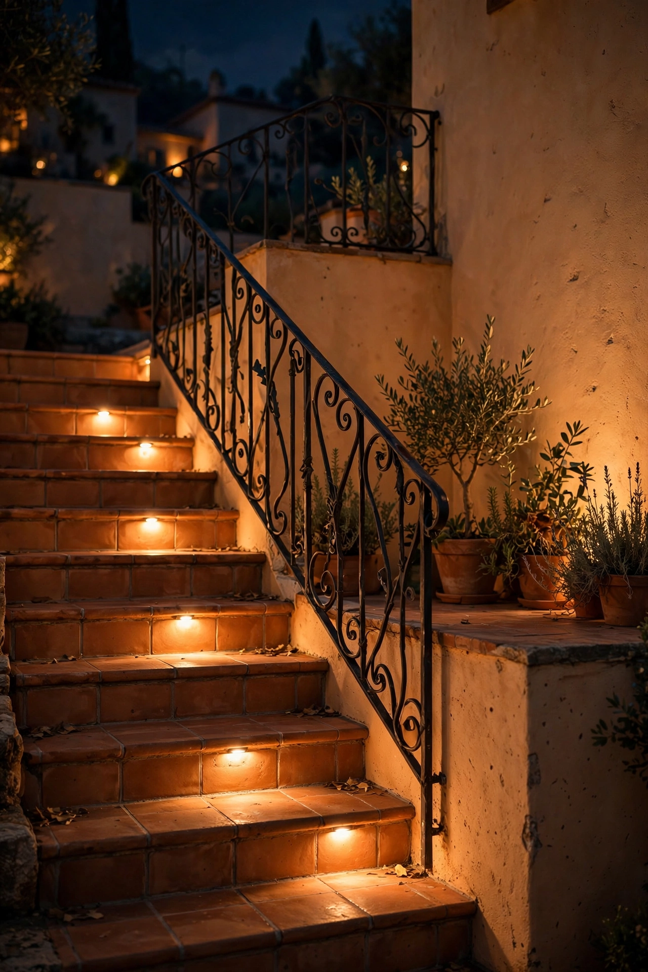 Warm step lights illuminating terracotta stairs on a Mediterranean villa terrace at night