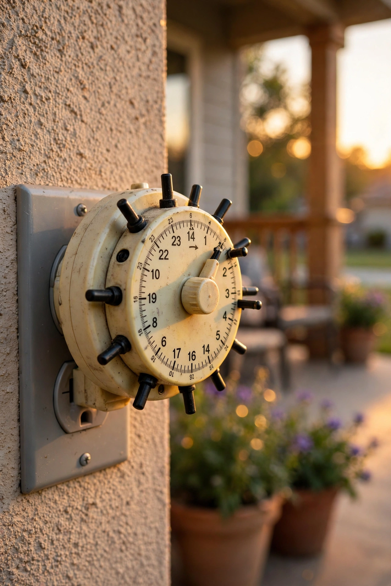 Close-up of hands setting a mechanical outdoor timer dial on an exterior outlet at golden hour