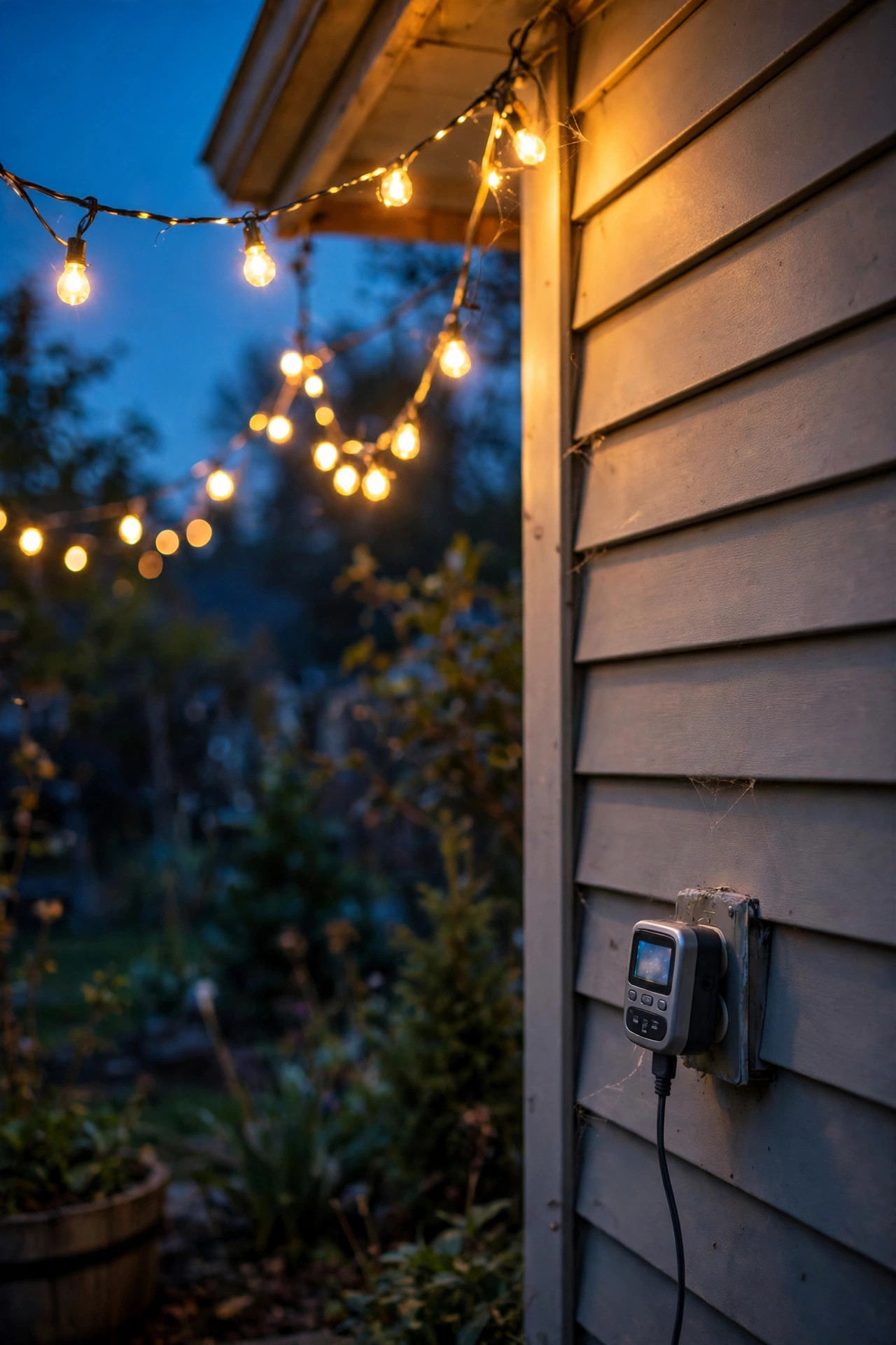 Warm yard lights on a timer glowing at dusk beside a small astronomical timer plugged into a porch outlet