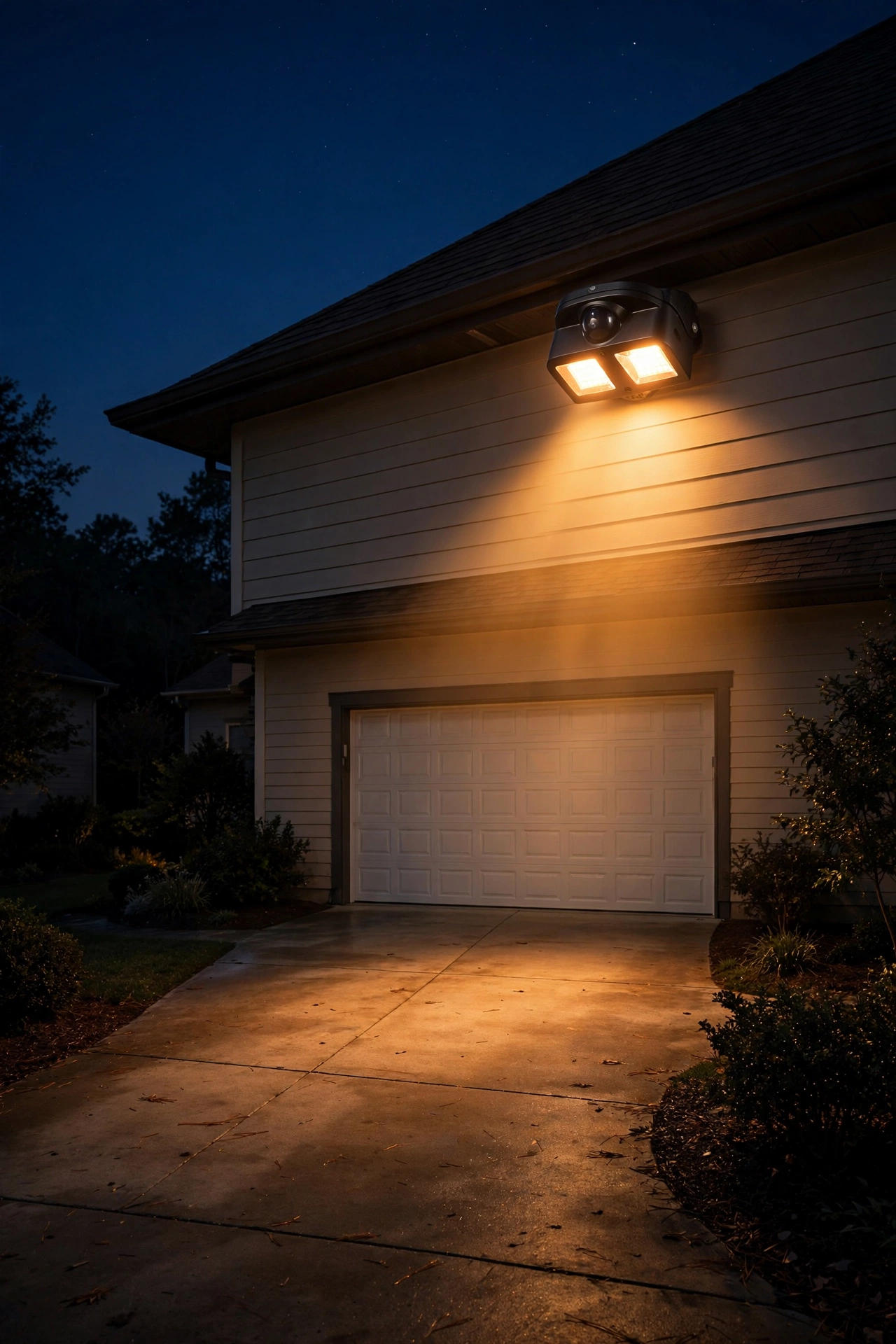 Motion sensor floodlight with warm LED glow illuminating a suburban driveway at night