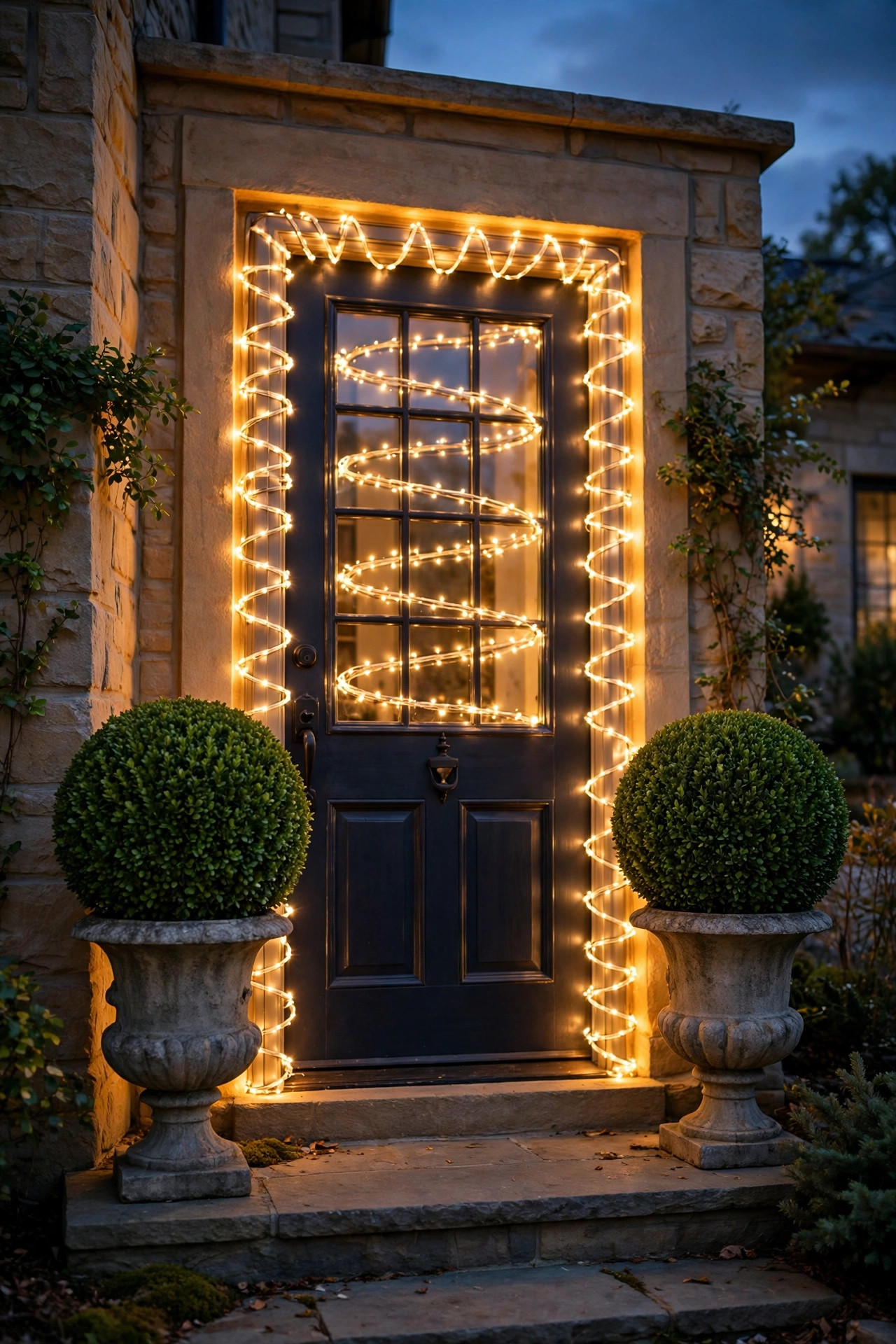 Pair of round topiary boxwood balls in urns flanking a front door wrapped in glowing spiral net lights