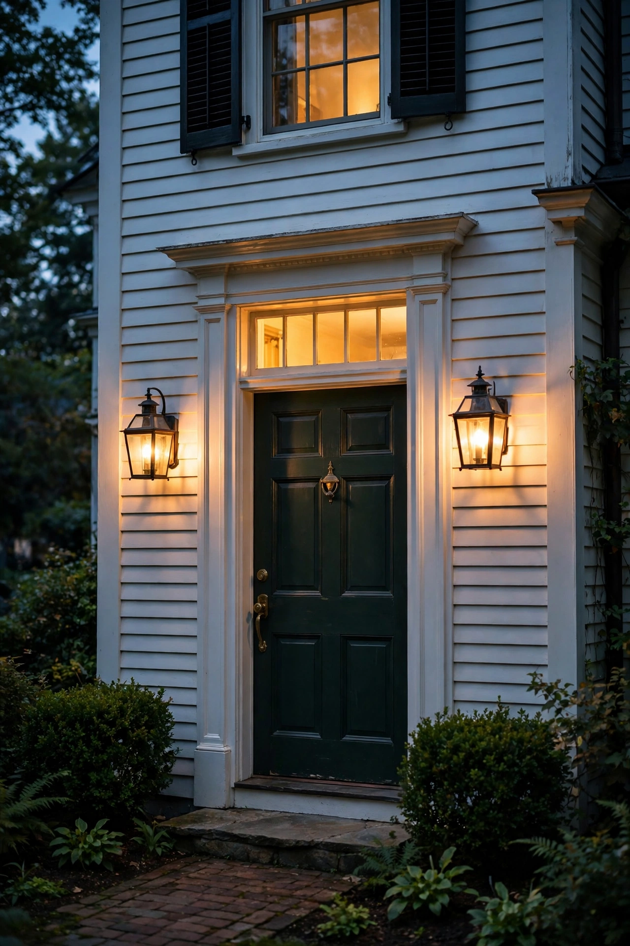 Warm glowing transom window above a colonial front door flanked by lantern sconces