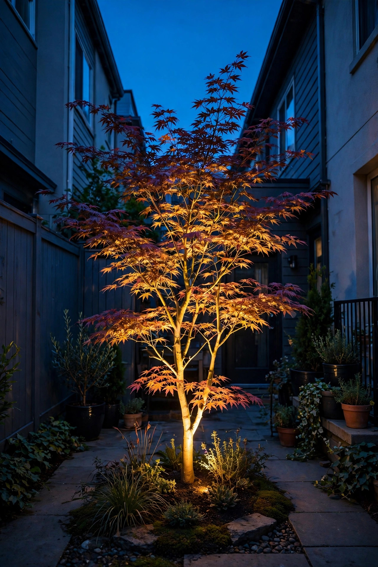 Single small ornamental tree dramatically uplighted with warm light in a compact townhome backyard