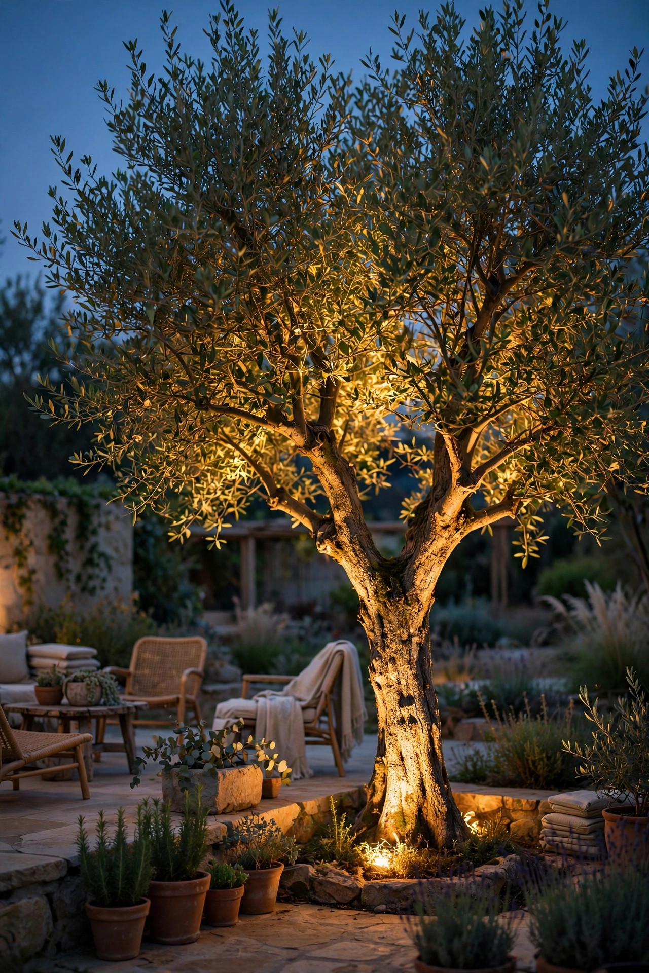 Sculptural olive tree uplit from the base with warm spotlights in a mid-century modern front yard at dusk